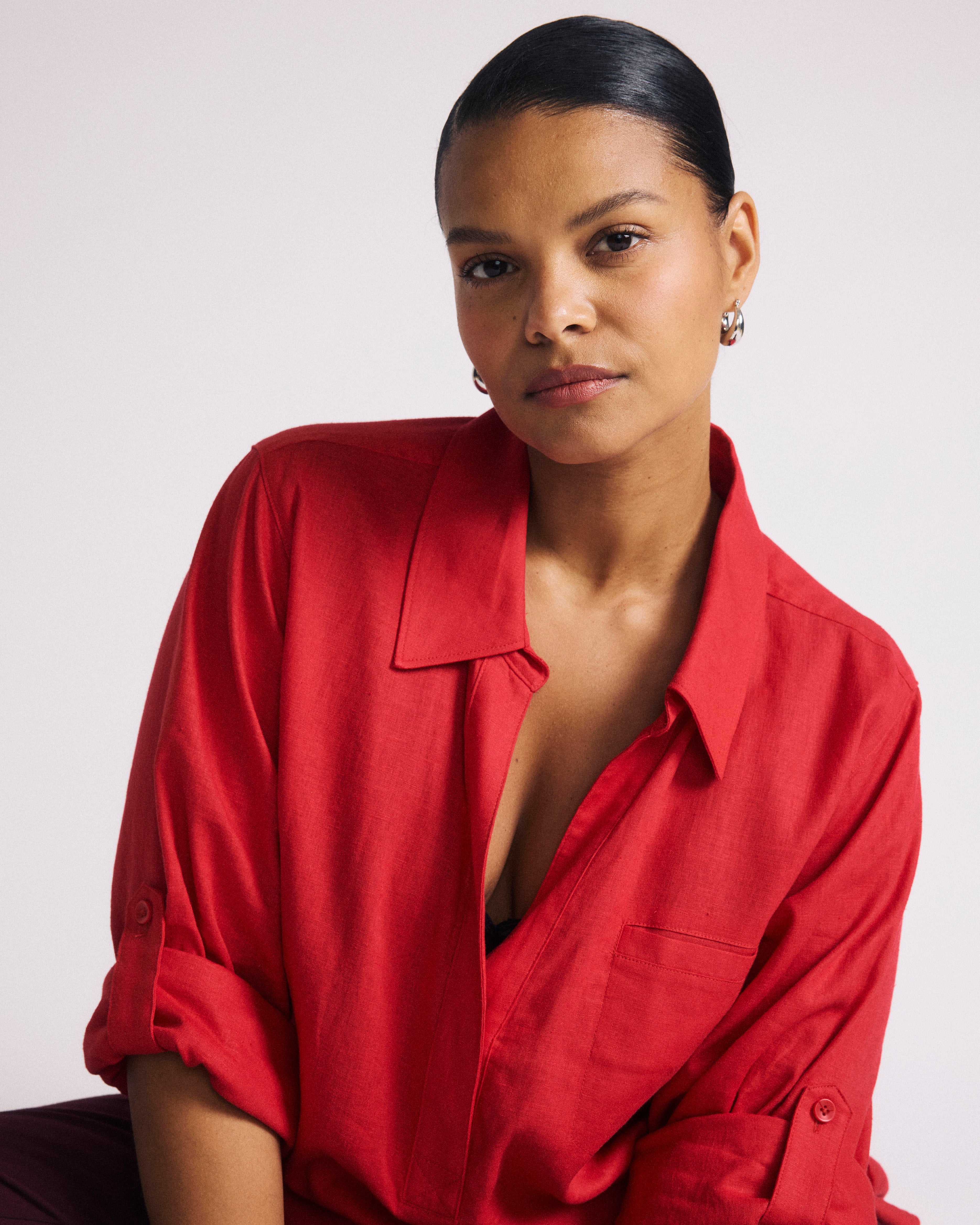 Button Back Linen Blend Polo Shirt - Brilliant Red
