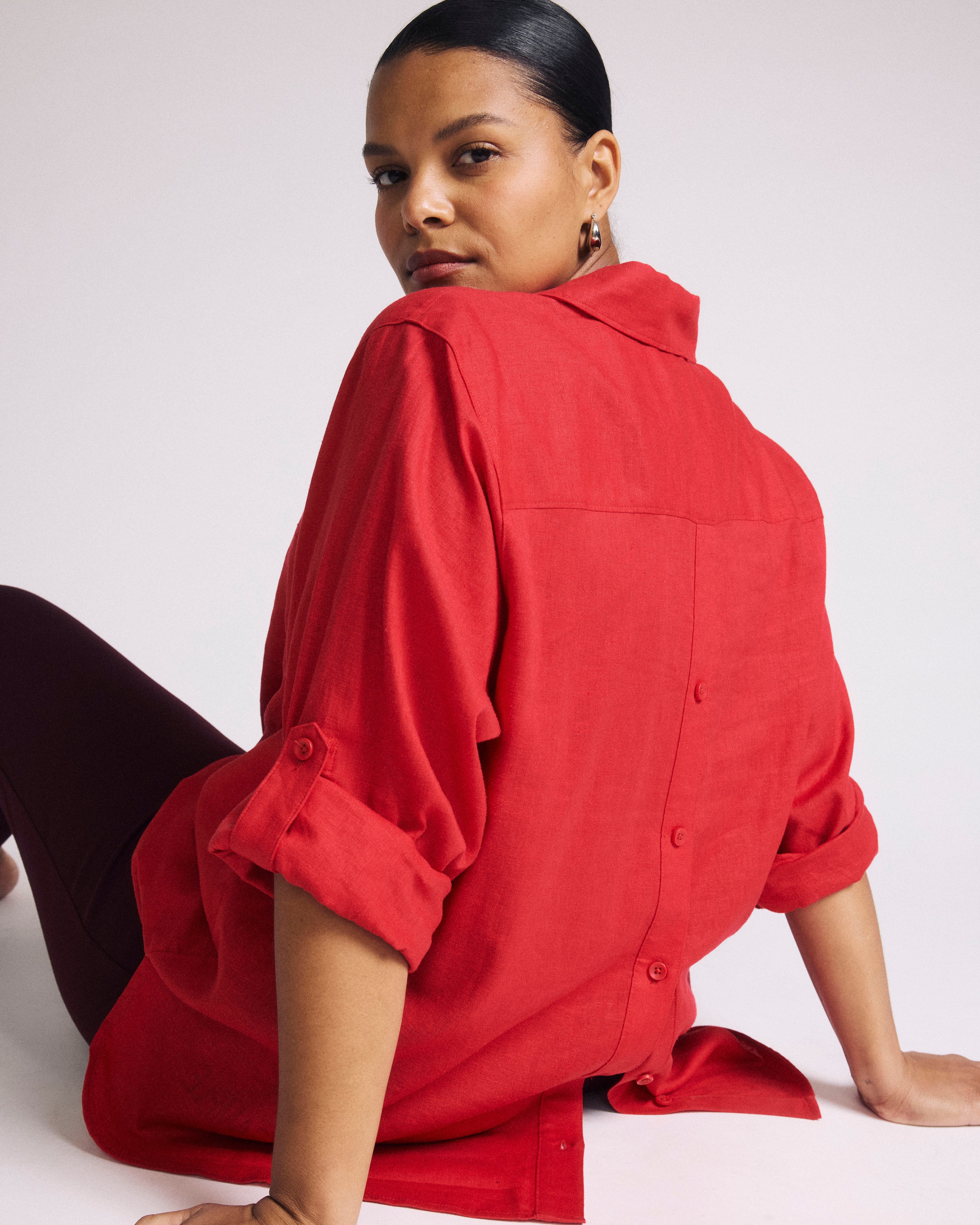 Button Back Linen Blend Polo Shirt - Brilliant Red