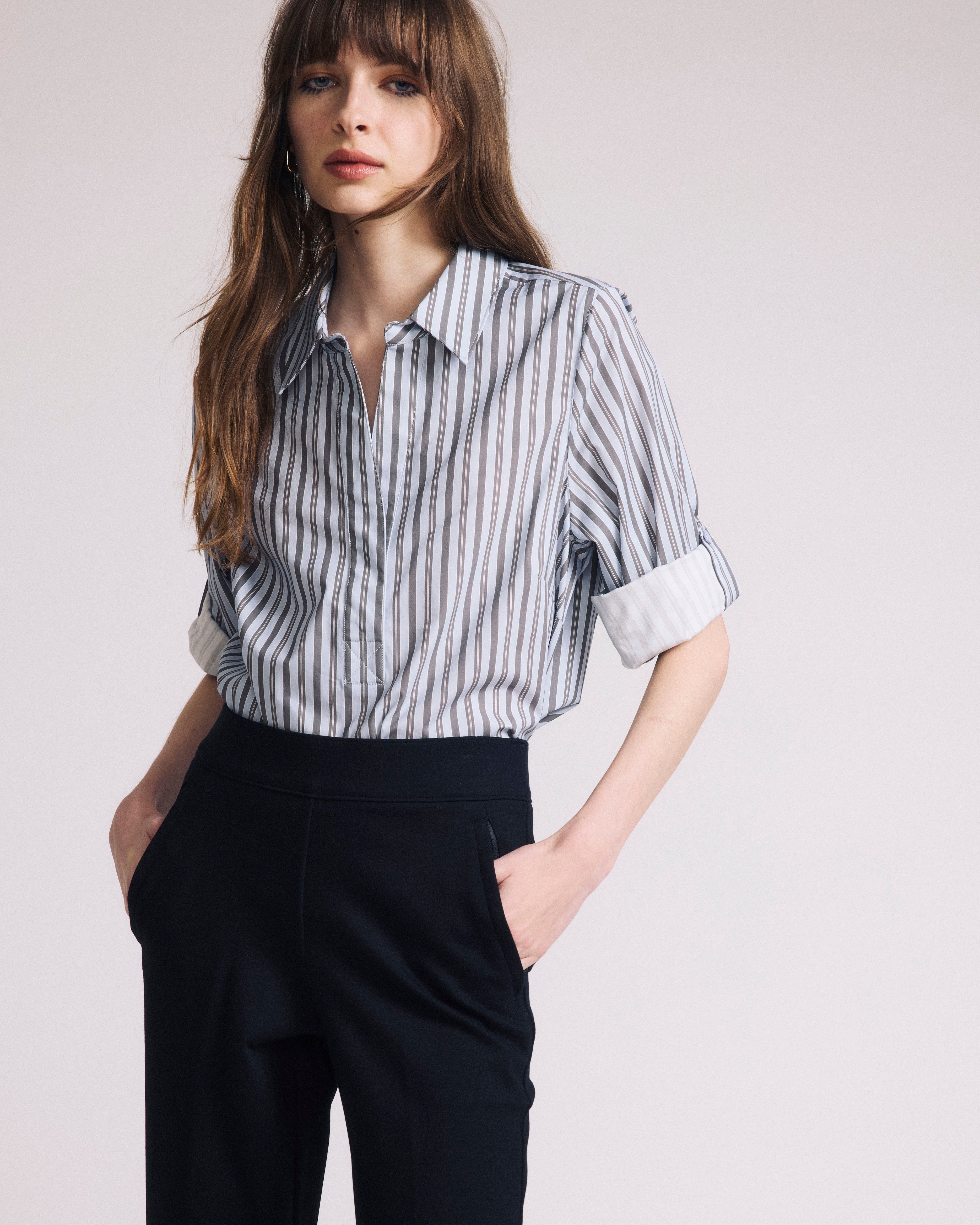 Button Back Poplin Polo Shirt - Smokey Blue Stripe