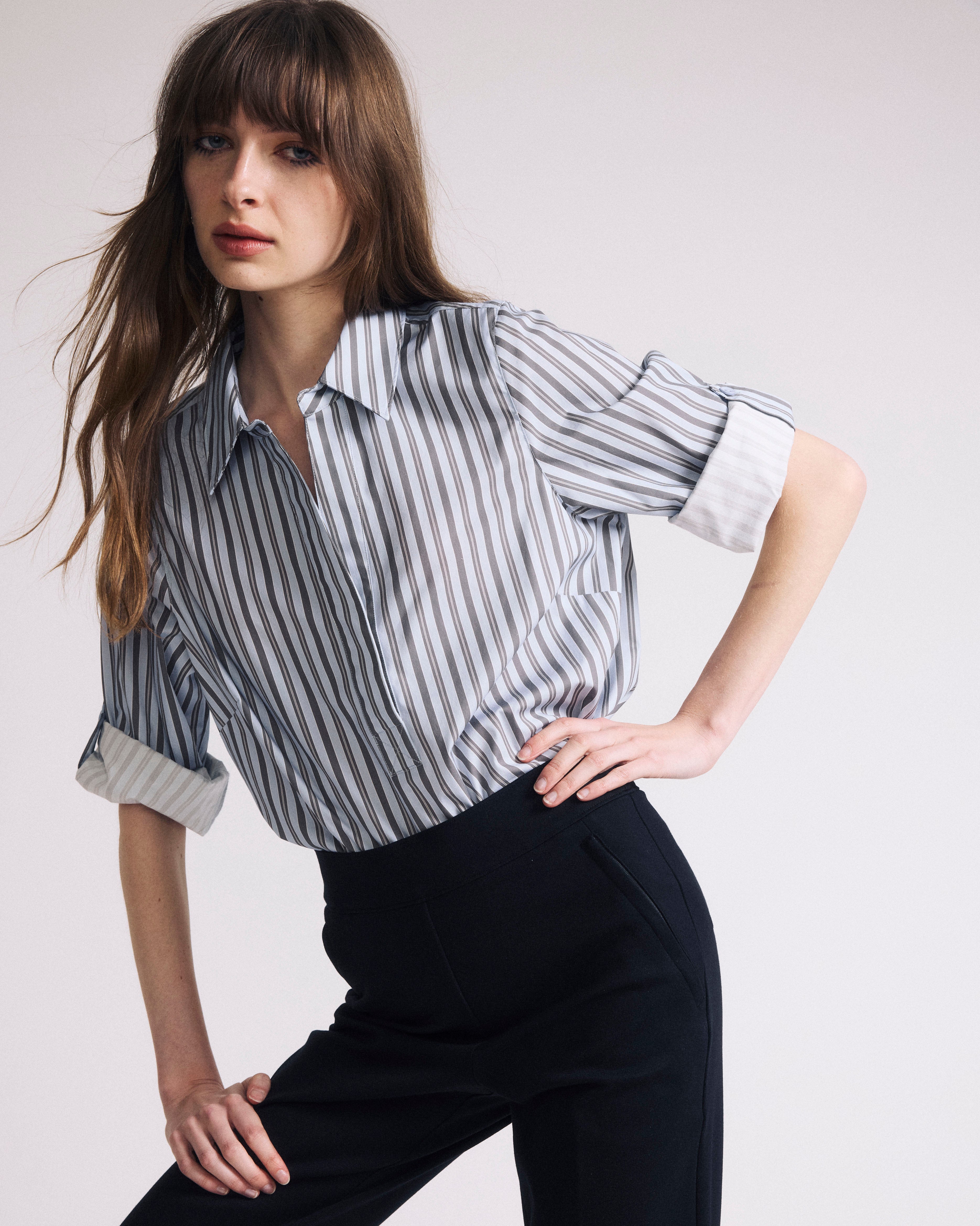 Button Back Poplin Polo Shirt - Smokey Blue Stripe
