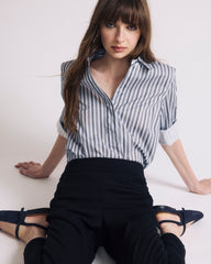 Button Back Poplin Polo Shirt - Smokey Blue Stripe