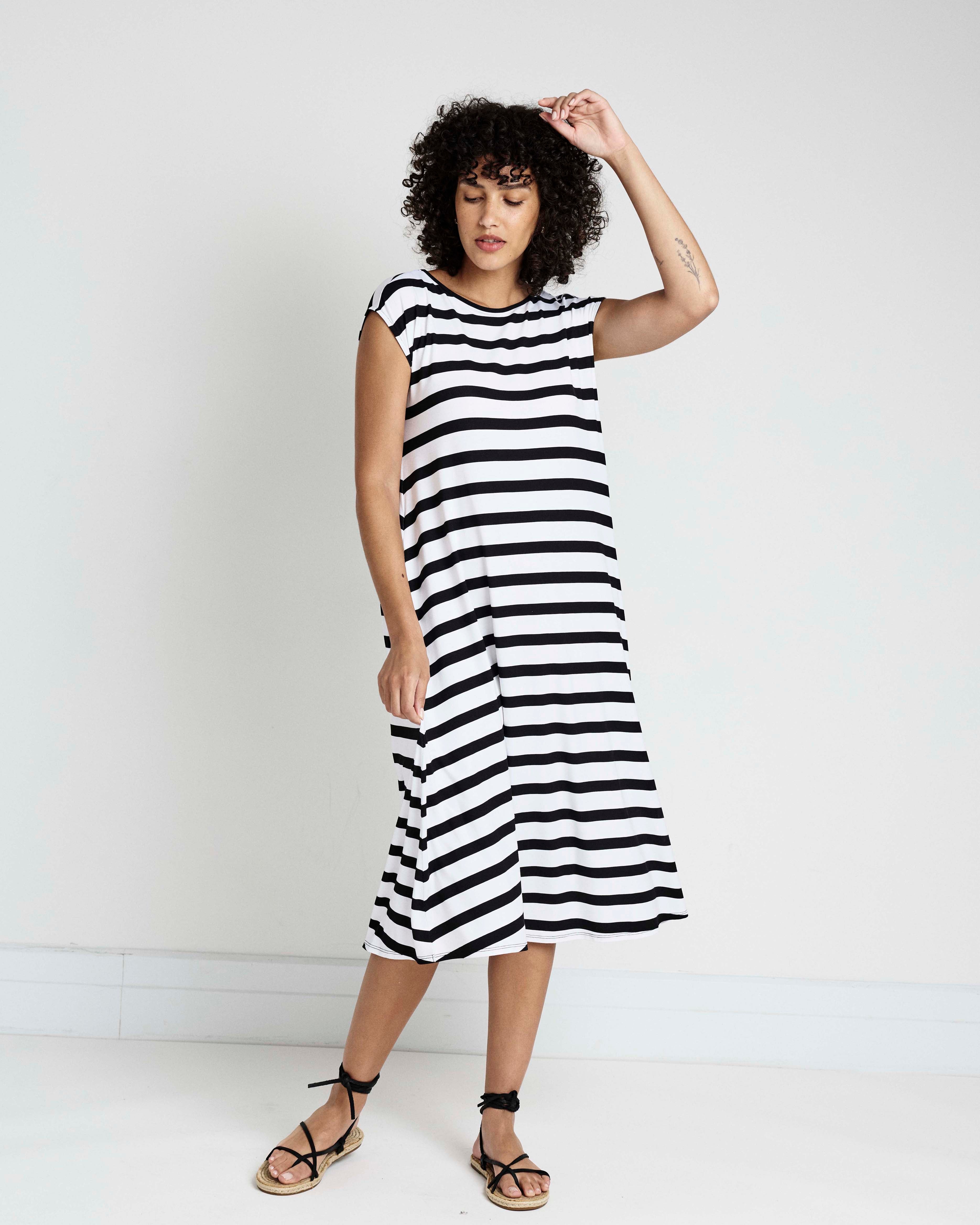 Capri Divine Jersey Flared Dress - Black/White Stripe