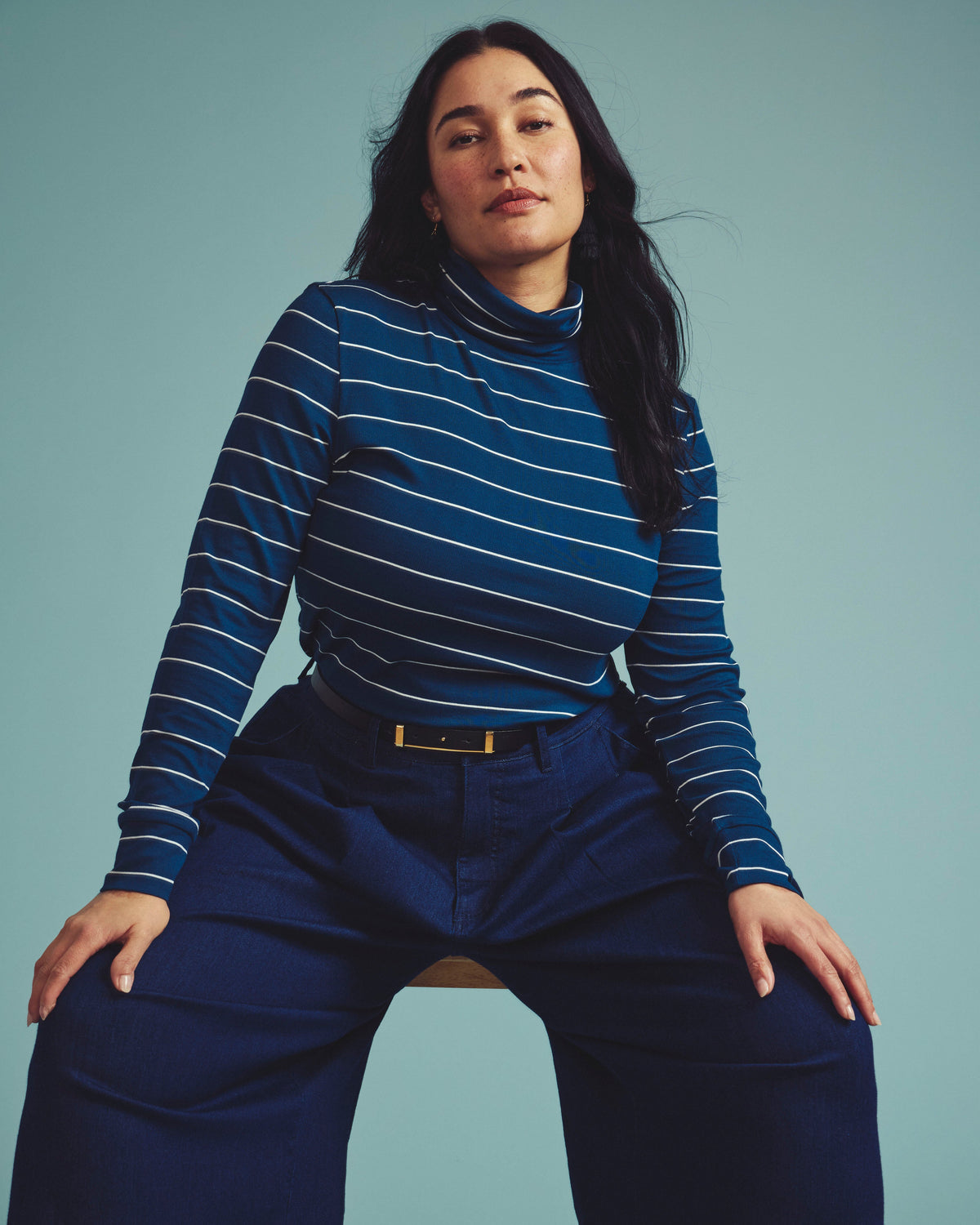Cloud Rib Turtleneck - Teal/White Microstripe