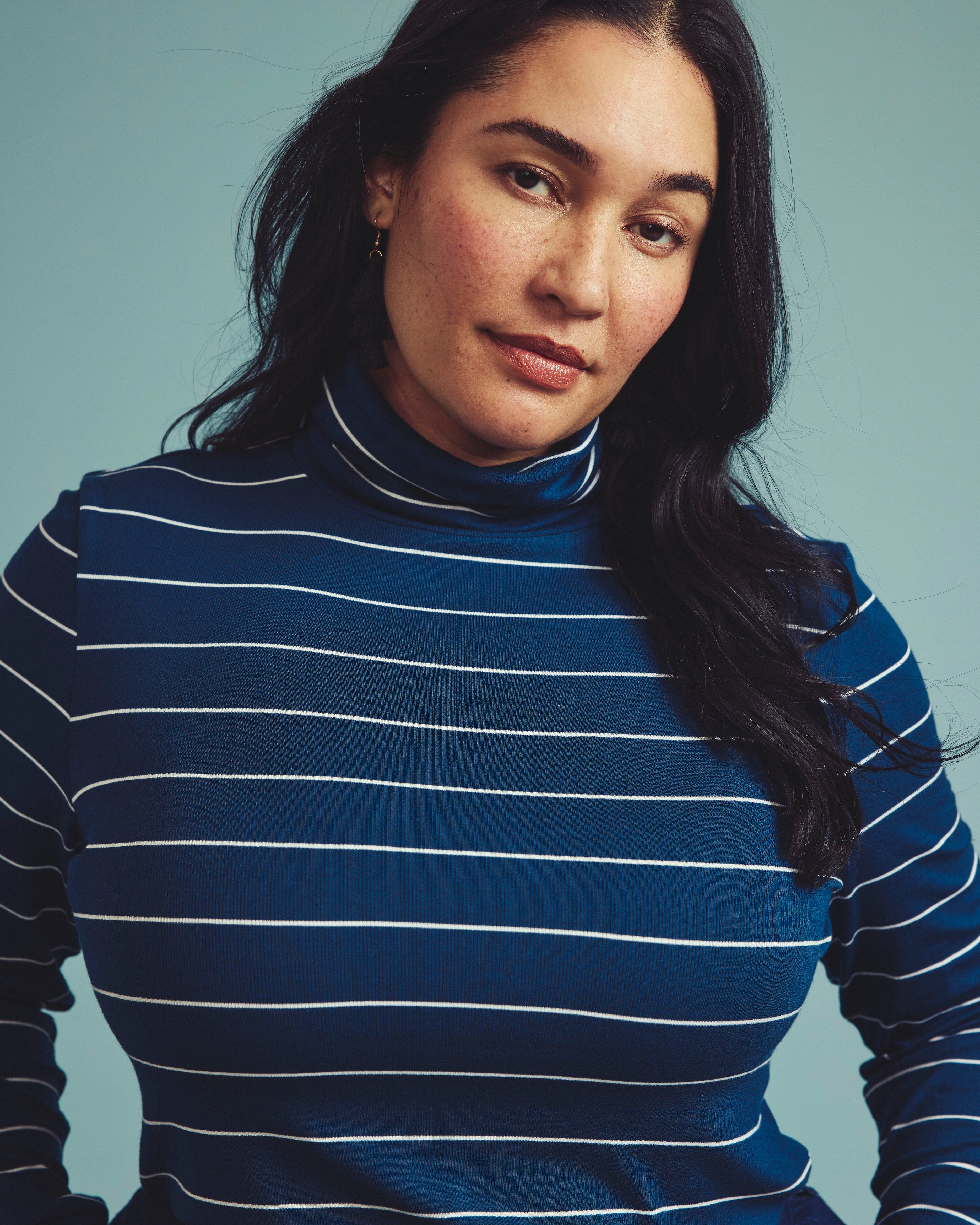 Cloud Rib Turtleneck - Teal/White Microstripe