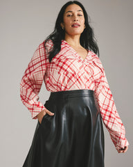 Cooling Stretch Cupro Button-Down Blouse - Red Plaid Print
