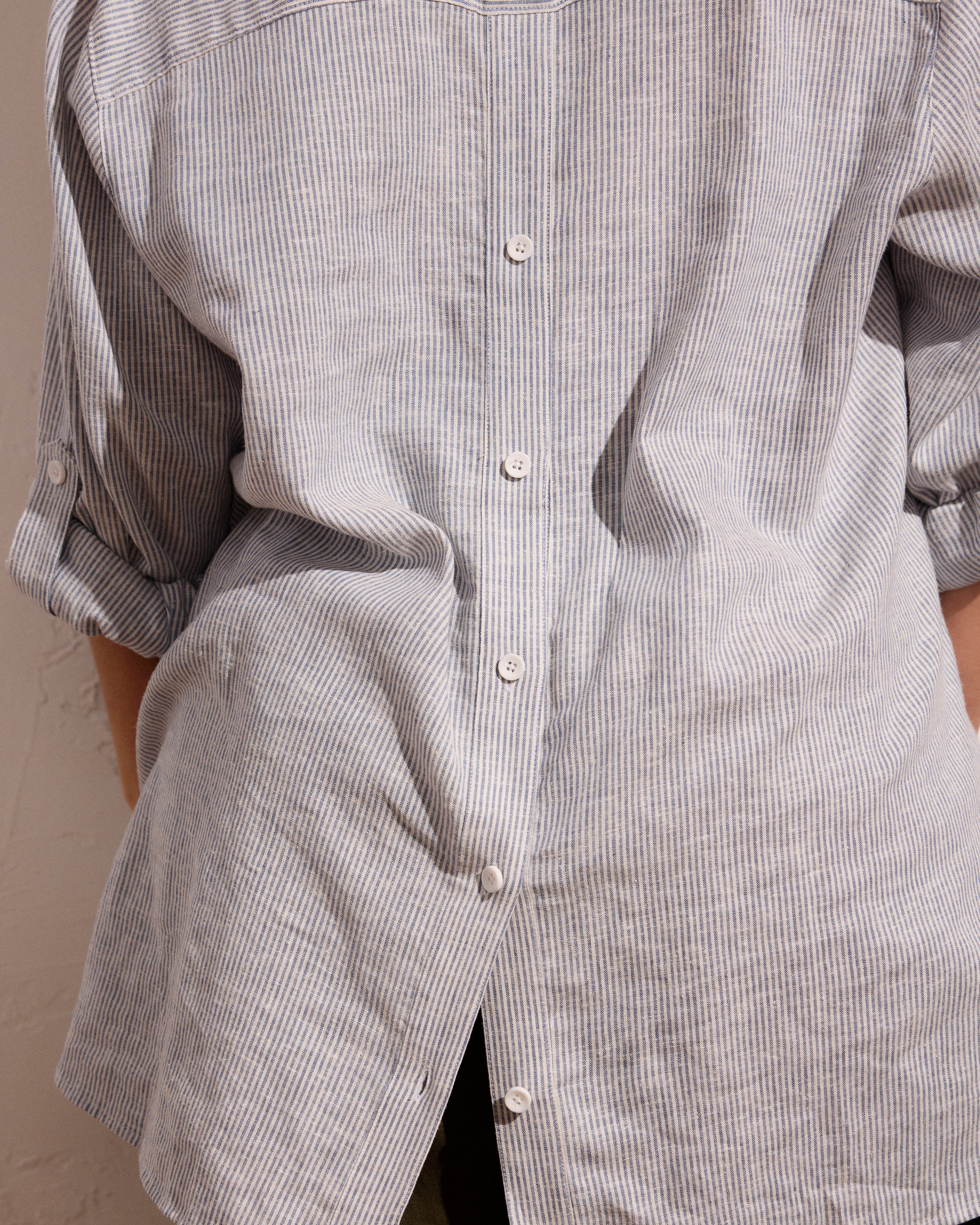 Button Back Linen Blend Polo Shirt - Beach Stripe