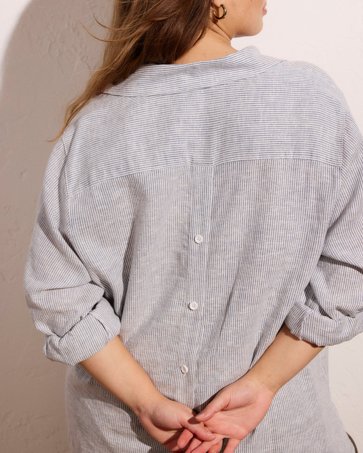 Button Back Linen Blend Polo Shirt - Beach Stripe