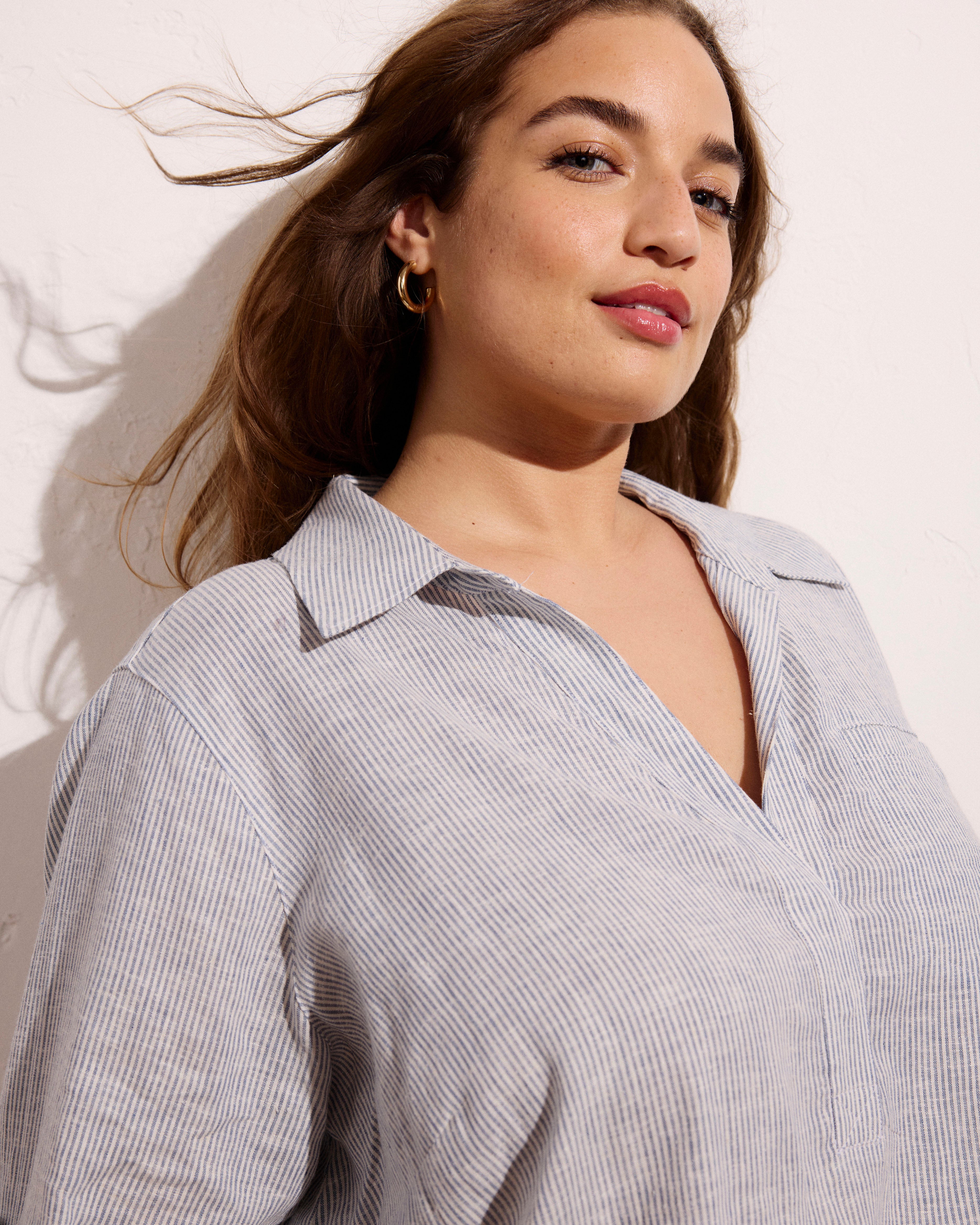 Button Back Linen Blend Polo Shirt - Beach Stripe