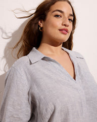 Button Back Linen Blend Polo Shirt - Beach Stripe