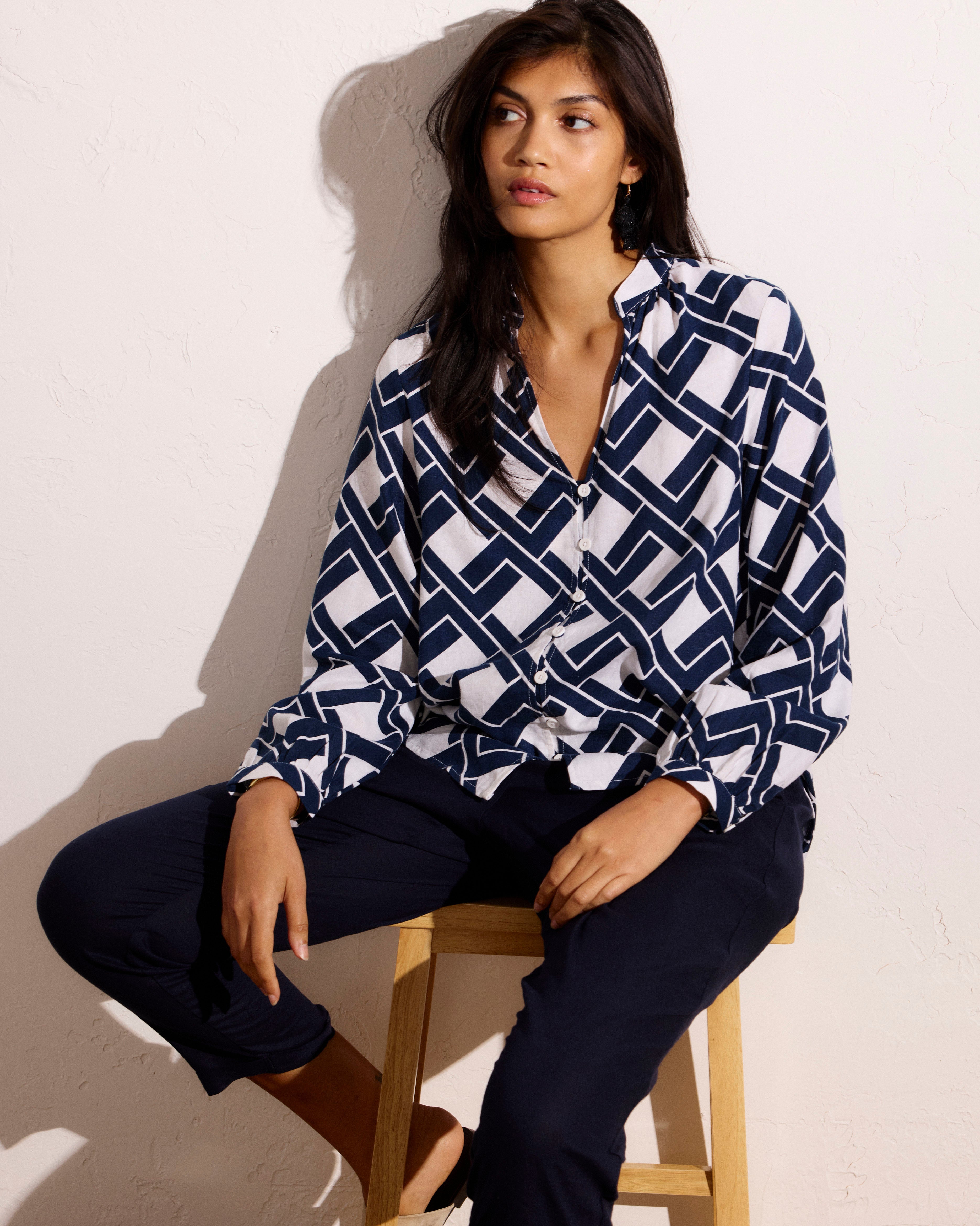 Avalon Linen Blend Blouse - Geometrica Print