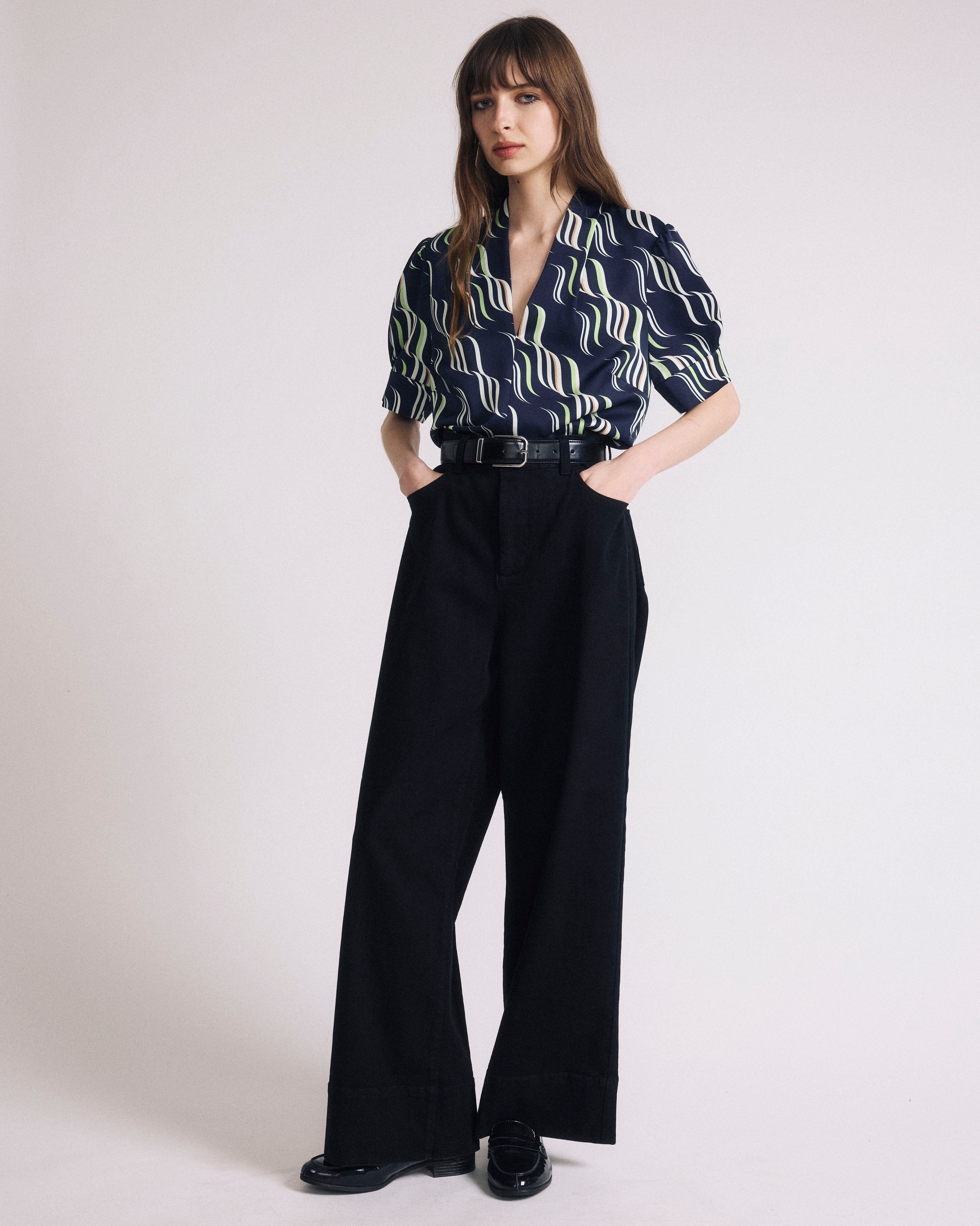 Beatrice Soft Satin Short Sleeve Top - Paddington Ribbon Print
