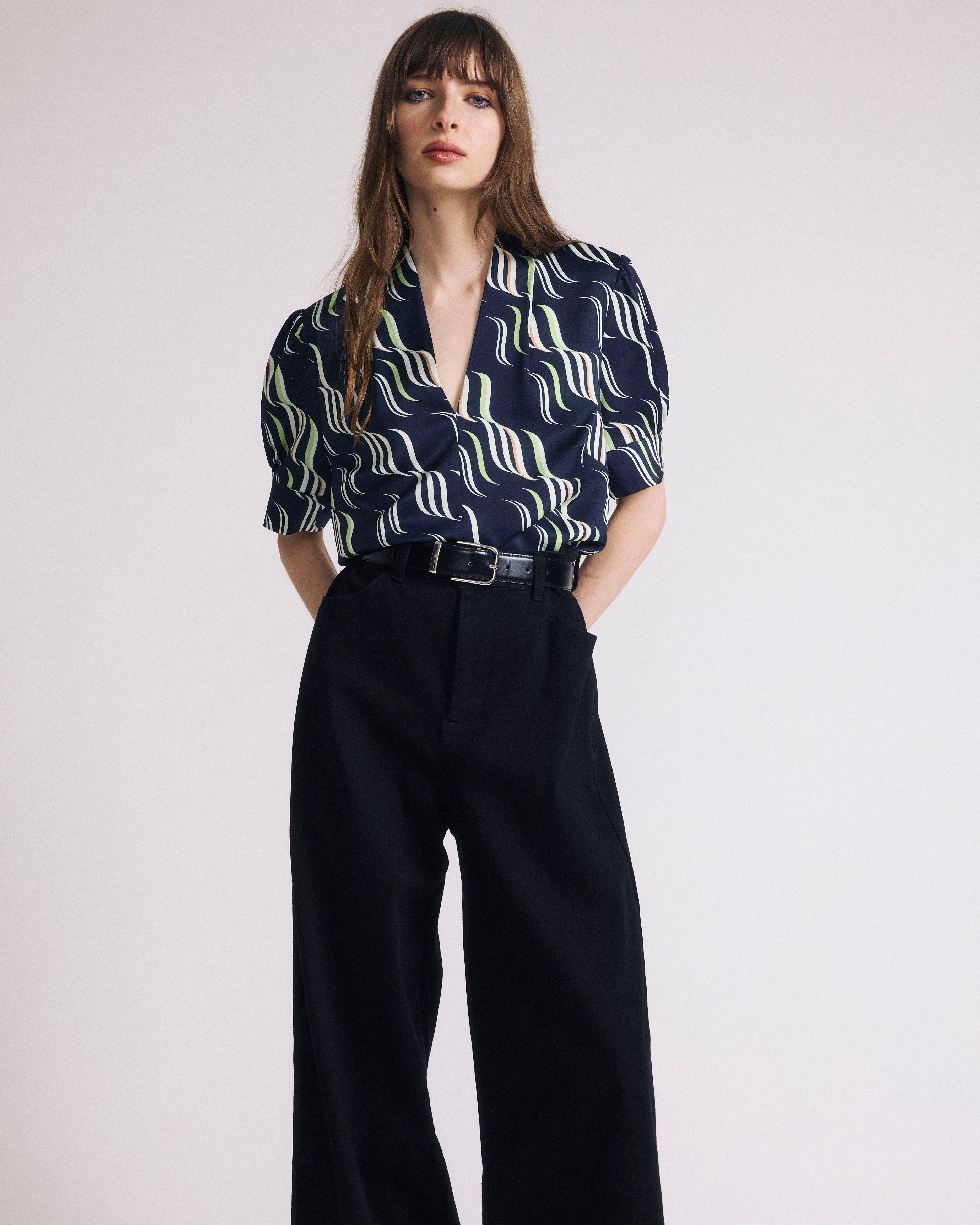 Beatrice Soft Satin Short Sleeve Top - Paddington Ribbon Print