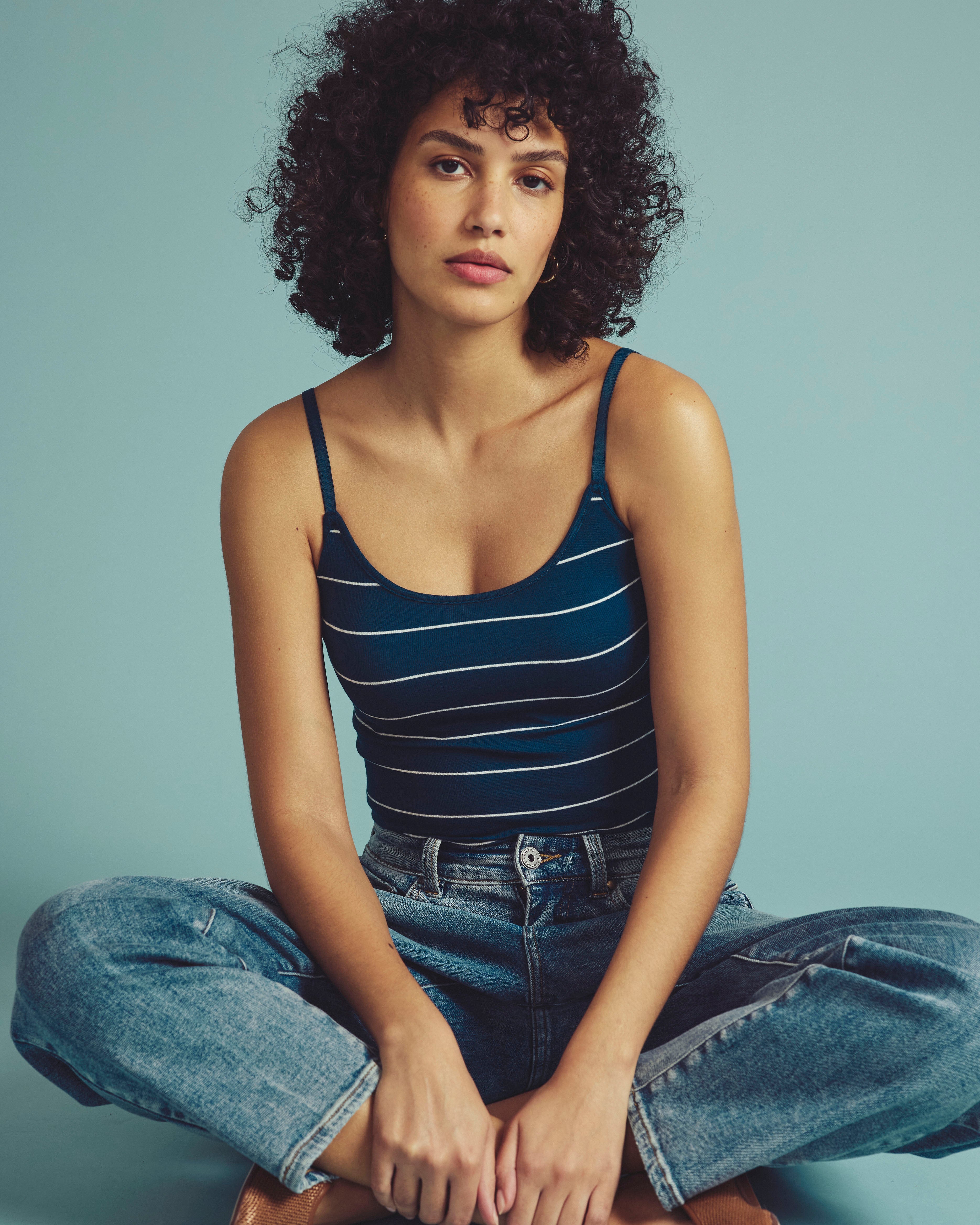 Cloud Rib Camisole - Teal/White Microstripe