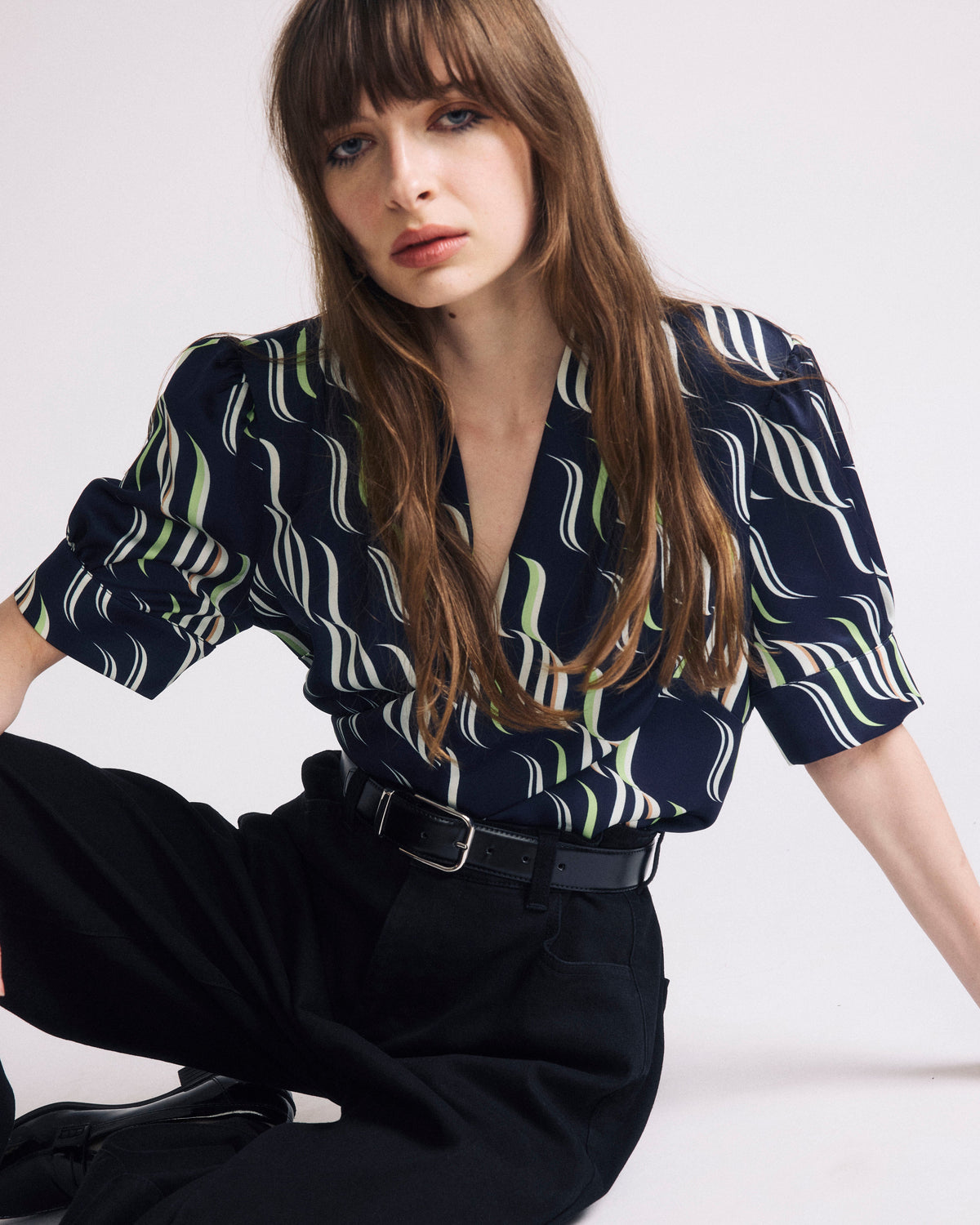 Beatrice Soft Satin Short Sleeve Top - Paddington Ribbon Print