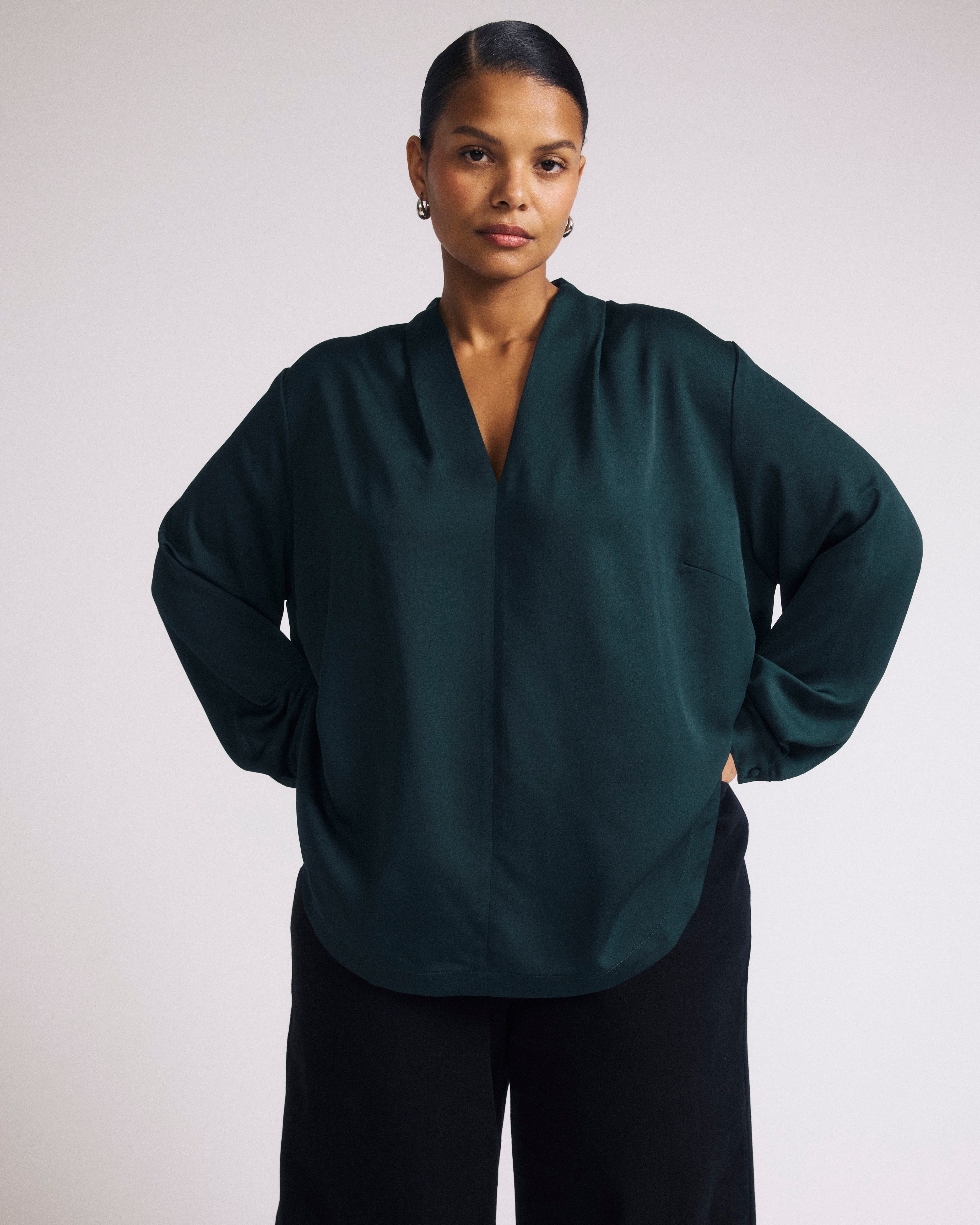 Beatrice Soft Satin Long Sleeve Top - Forest Green