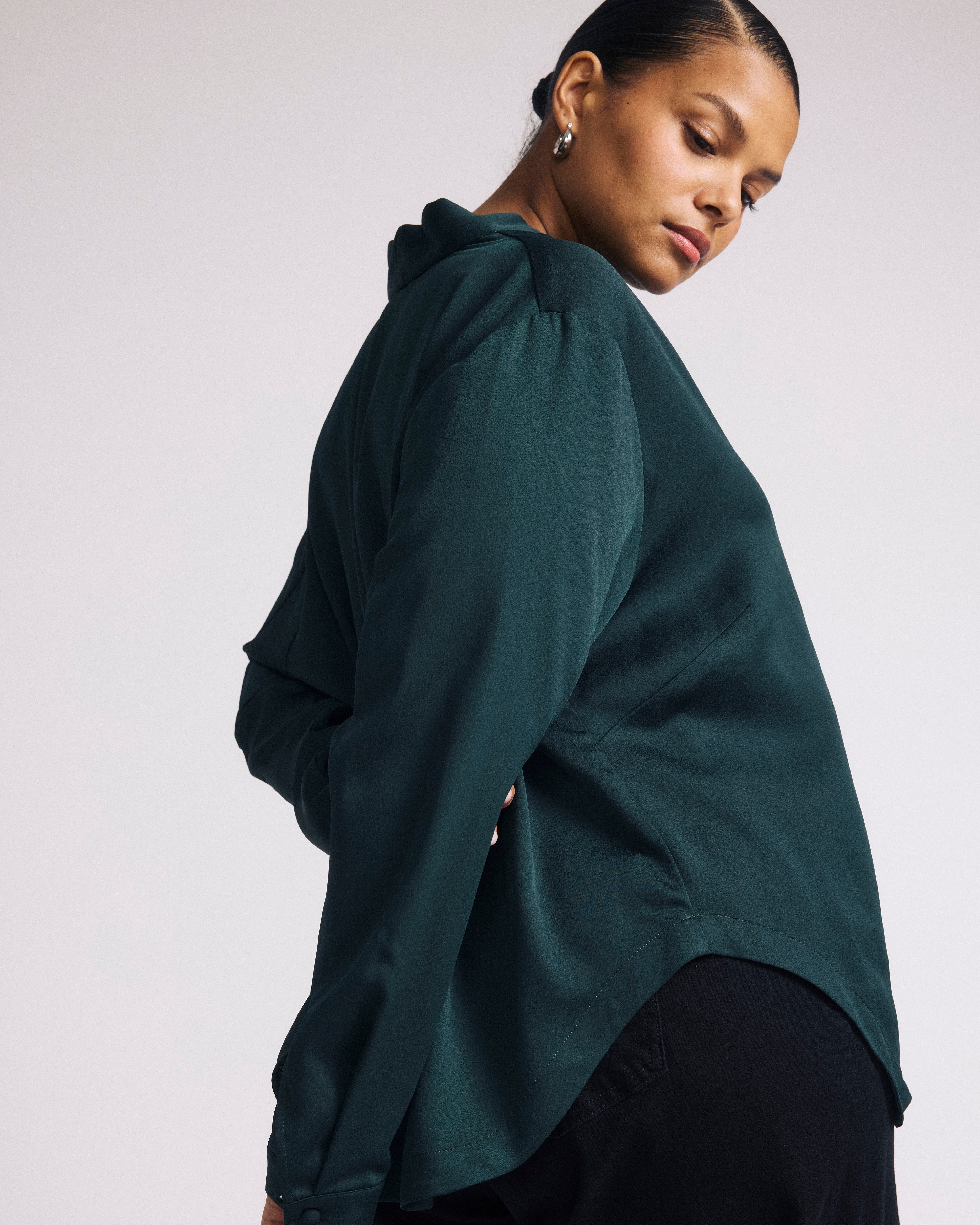Beatrice Soft Satin Long Sleeve Top - Forest Green
