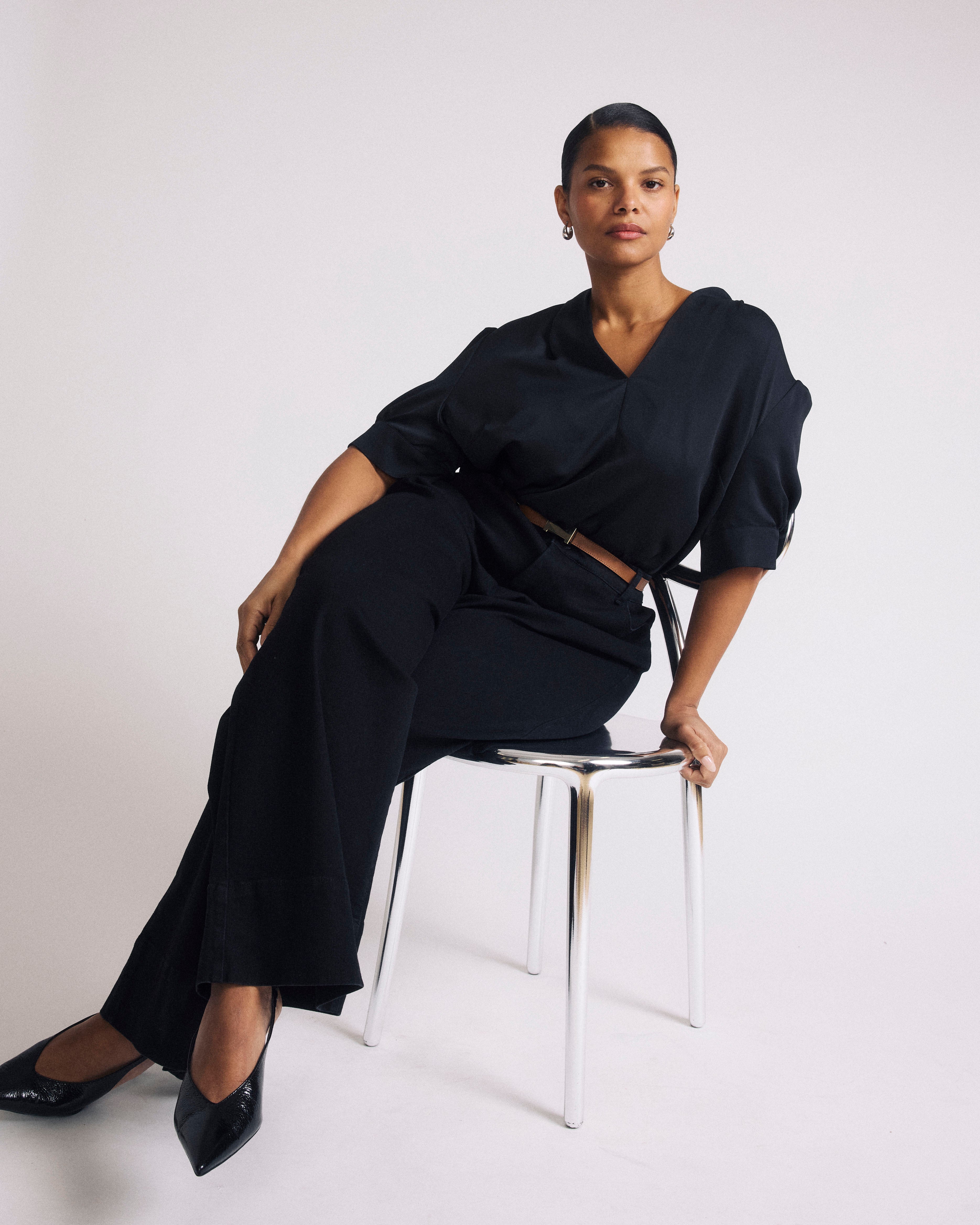 Beatrice Soft Satin Short Sleeve Top - Black