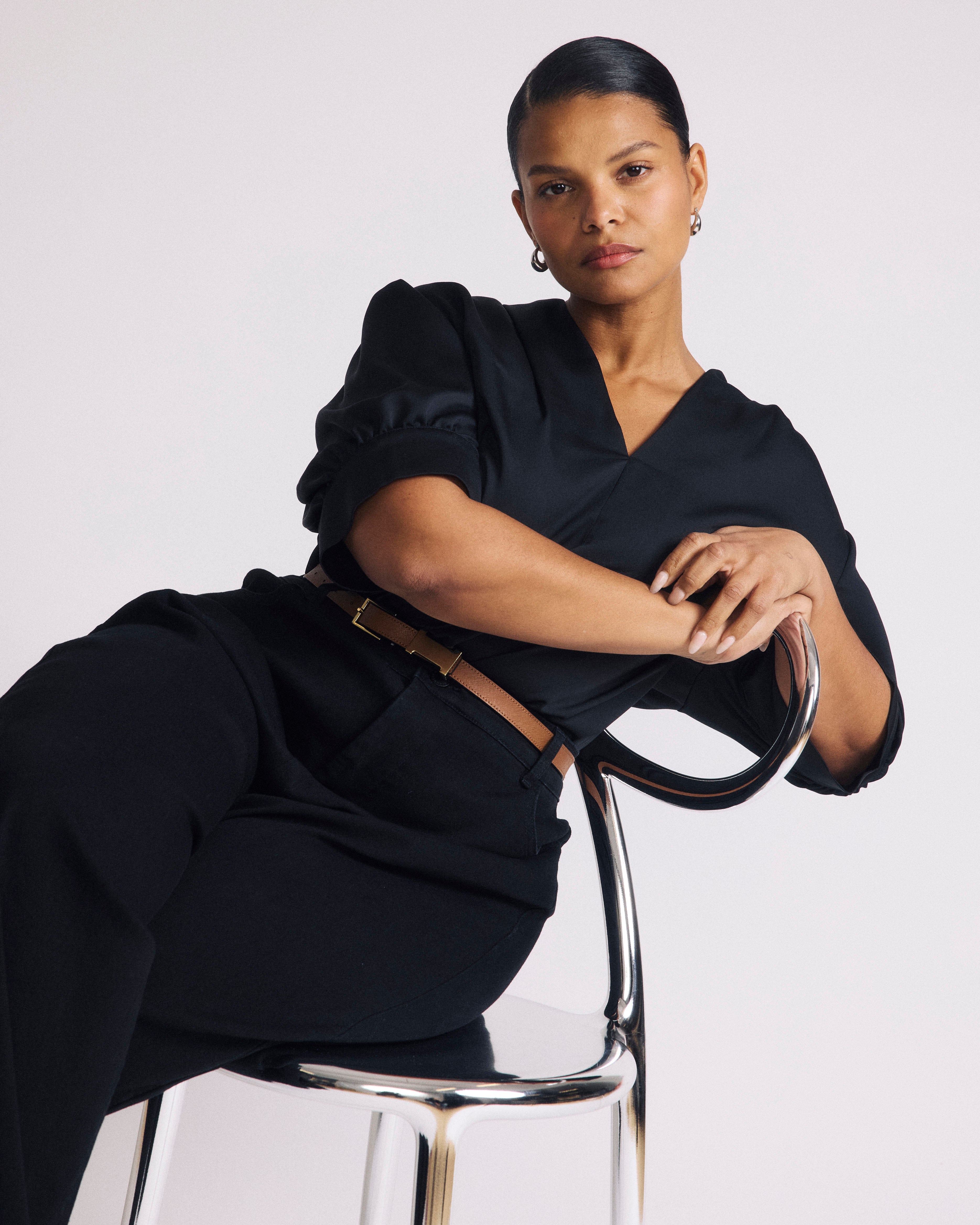 Beatrice Soft Satin Short Sleeve Top - Black