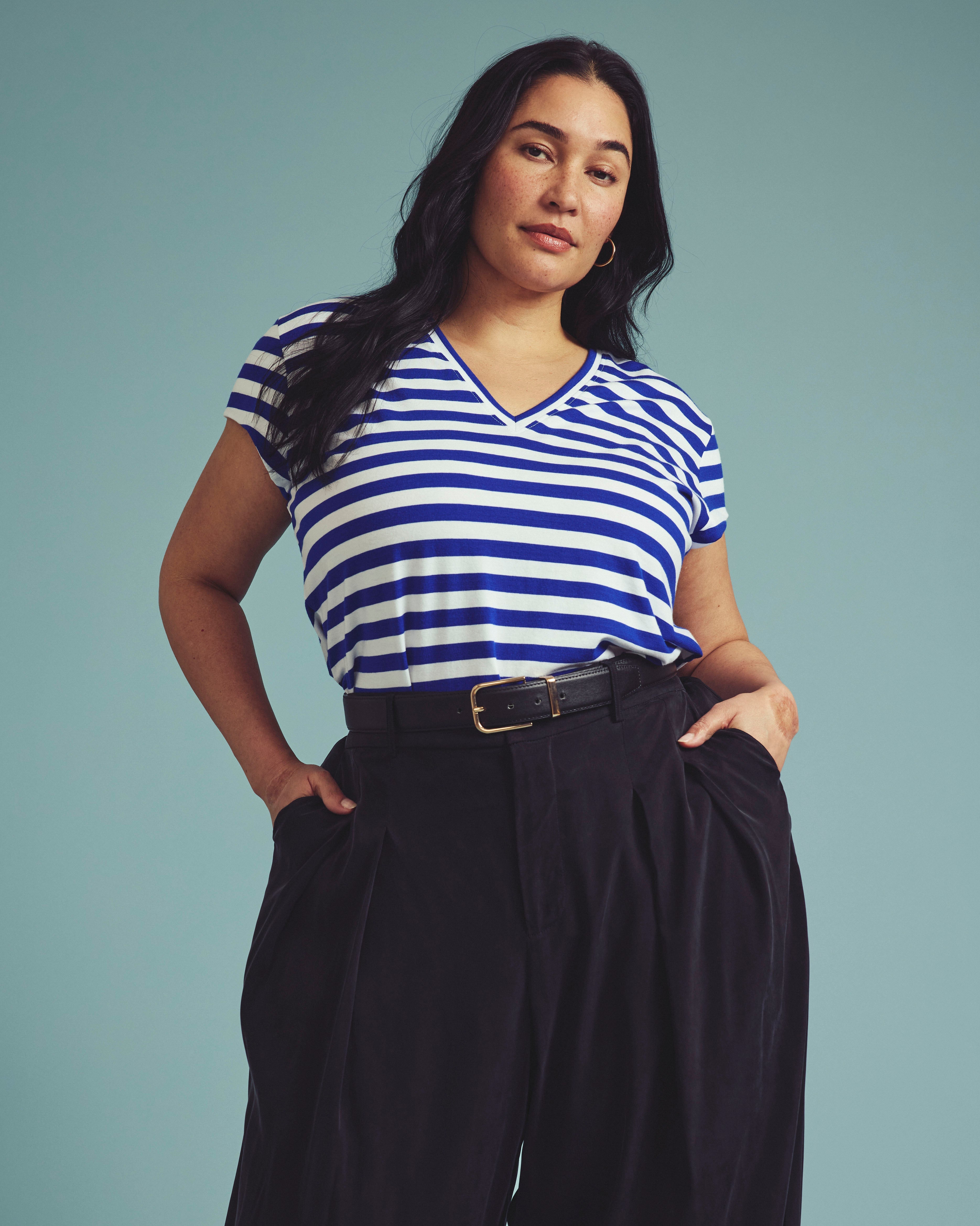 Ashley V Neck Cap Sleeve Tee - Hammersmith Blue/White Stripe