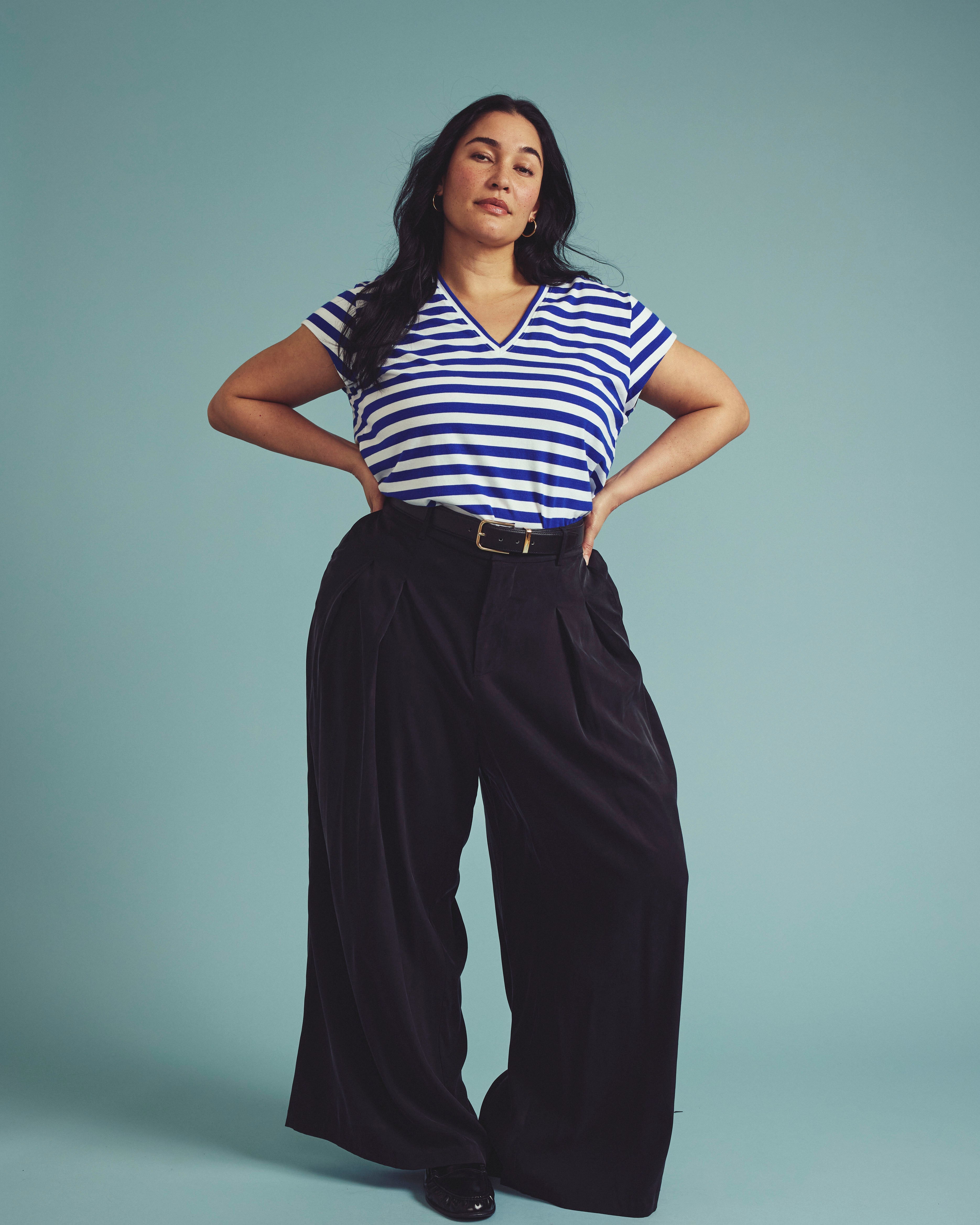 Ashley V Neck Cap Sleeve Tee - Hammersmith Blue/White Stripe