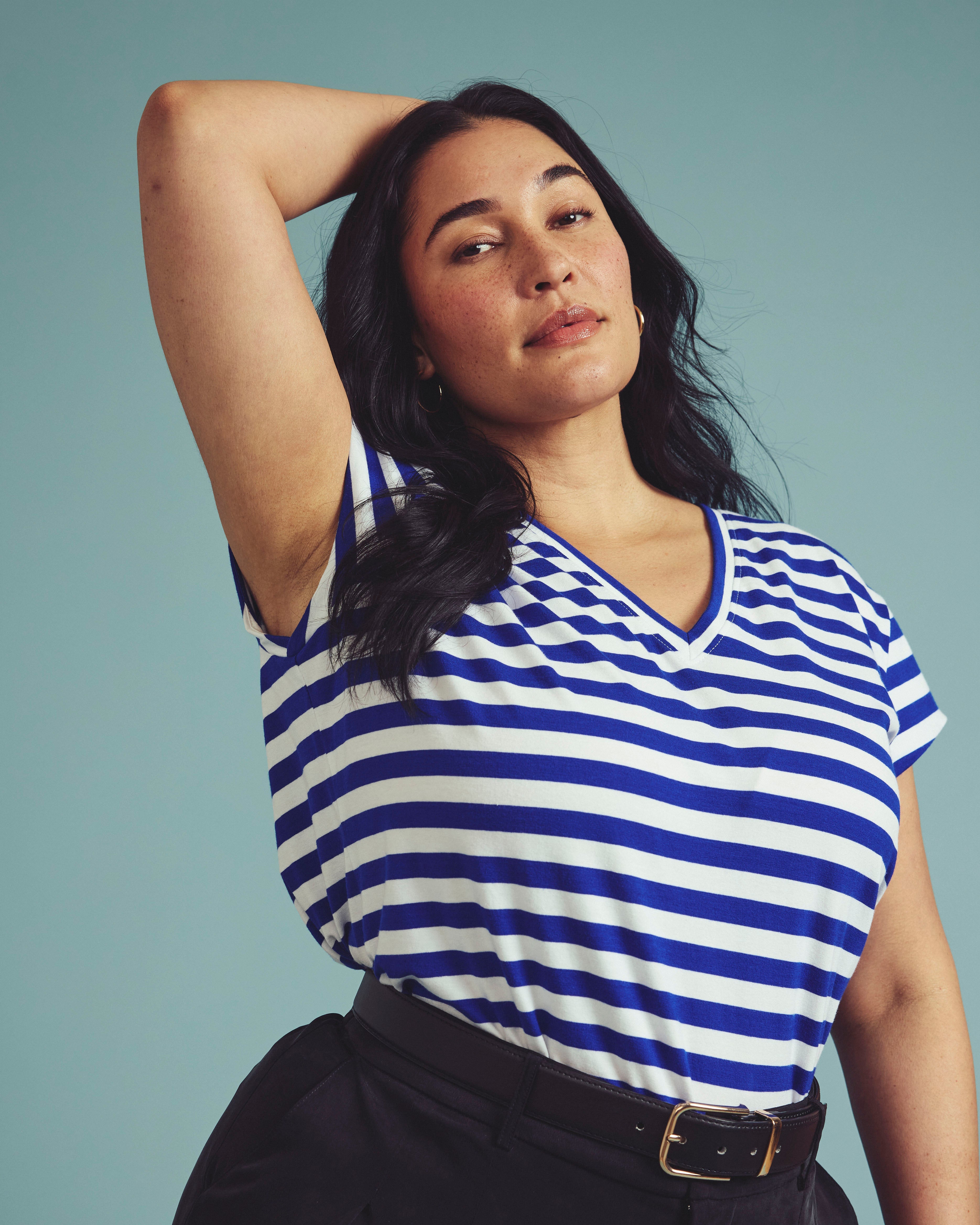 Ashley V Neck Cap Sleeve Tee - Hammersmith Blue/White Stripe