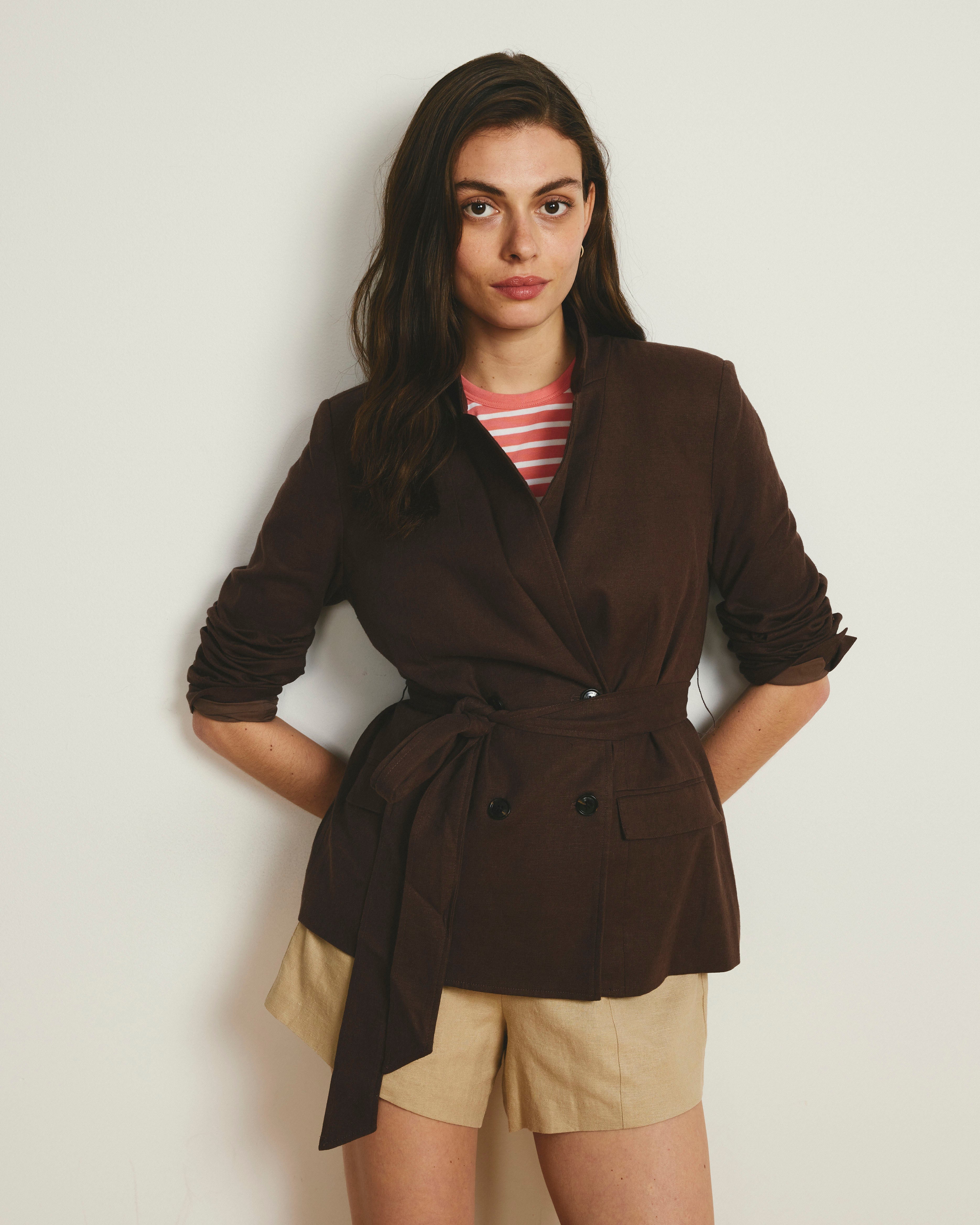 Belted Double Breasted Linen Blend Blazer - Sophisticated Brown