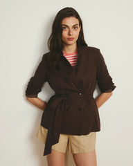 Belted Double Breasted Linen Blend Blazer - Sophisticated Brown