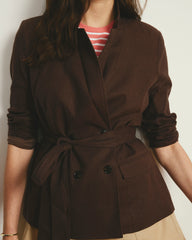 Belted Double Breasted Linen Blend Blazer - Sophisticated Brown