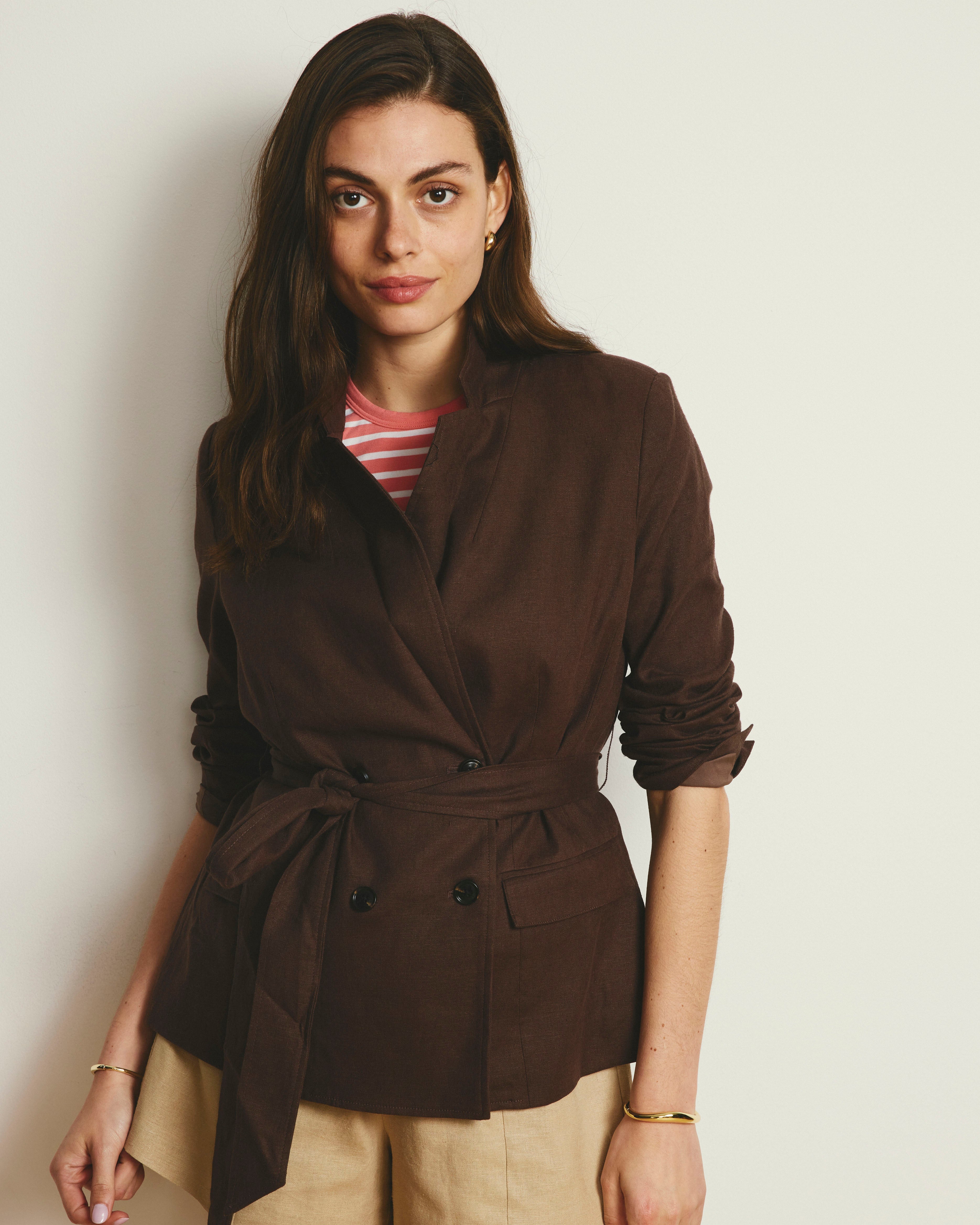 Belted Double Breasted Linen Blend Blazer - Sophisticated Brown
