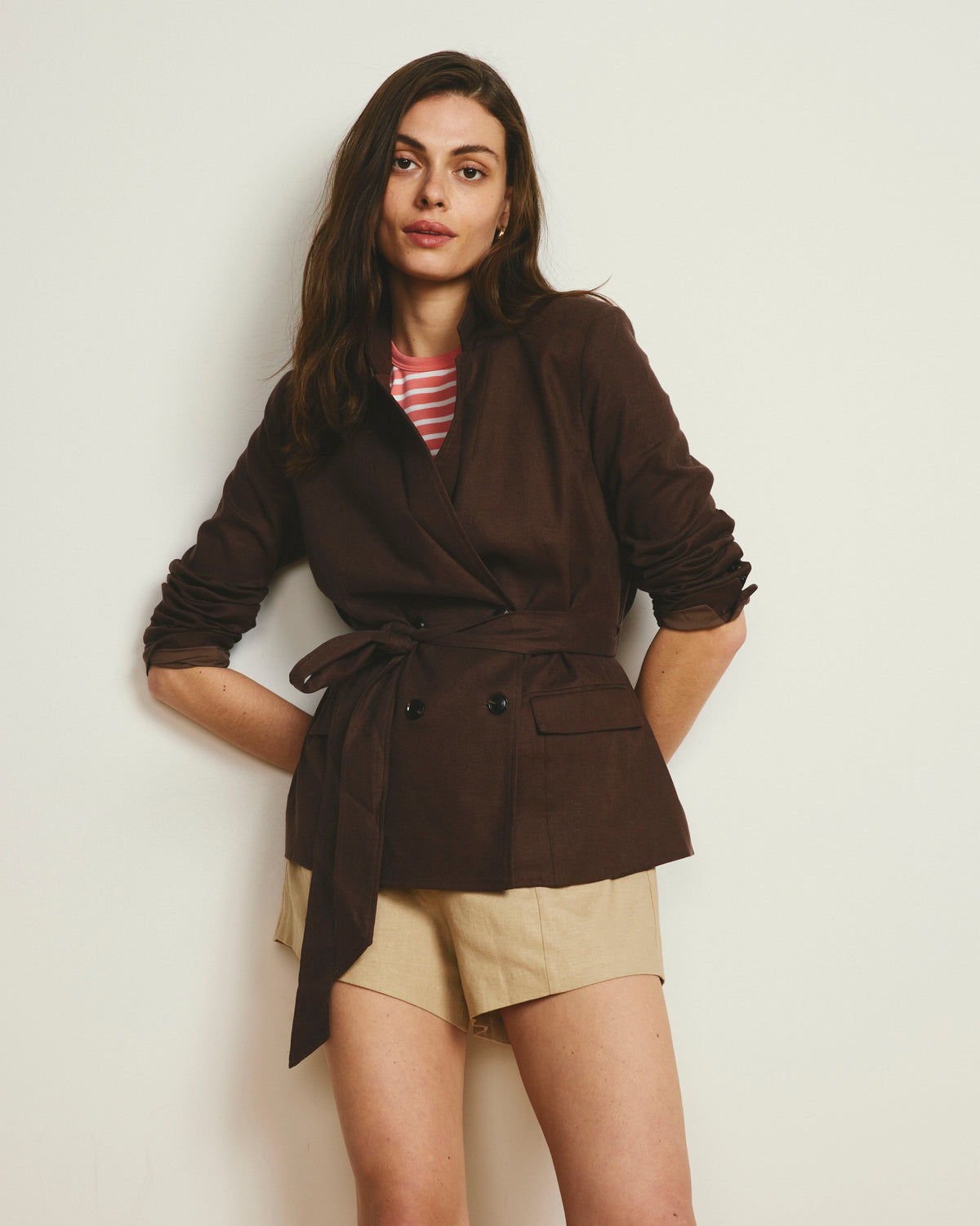 Belted Double Breasted Linen Blend Blazer - Sophisticated Brown