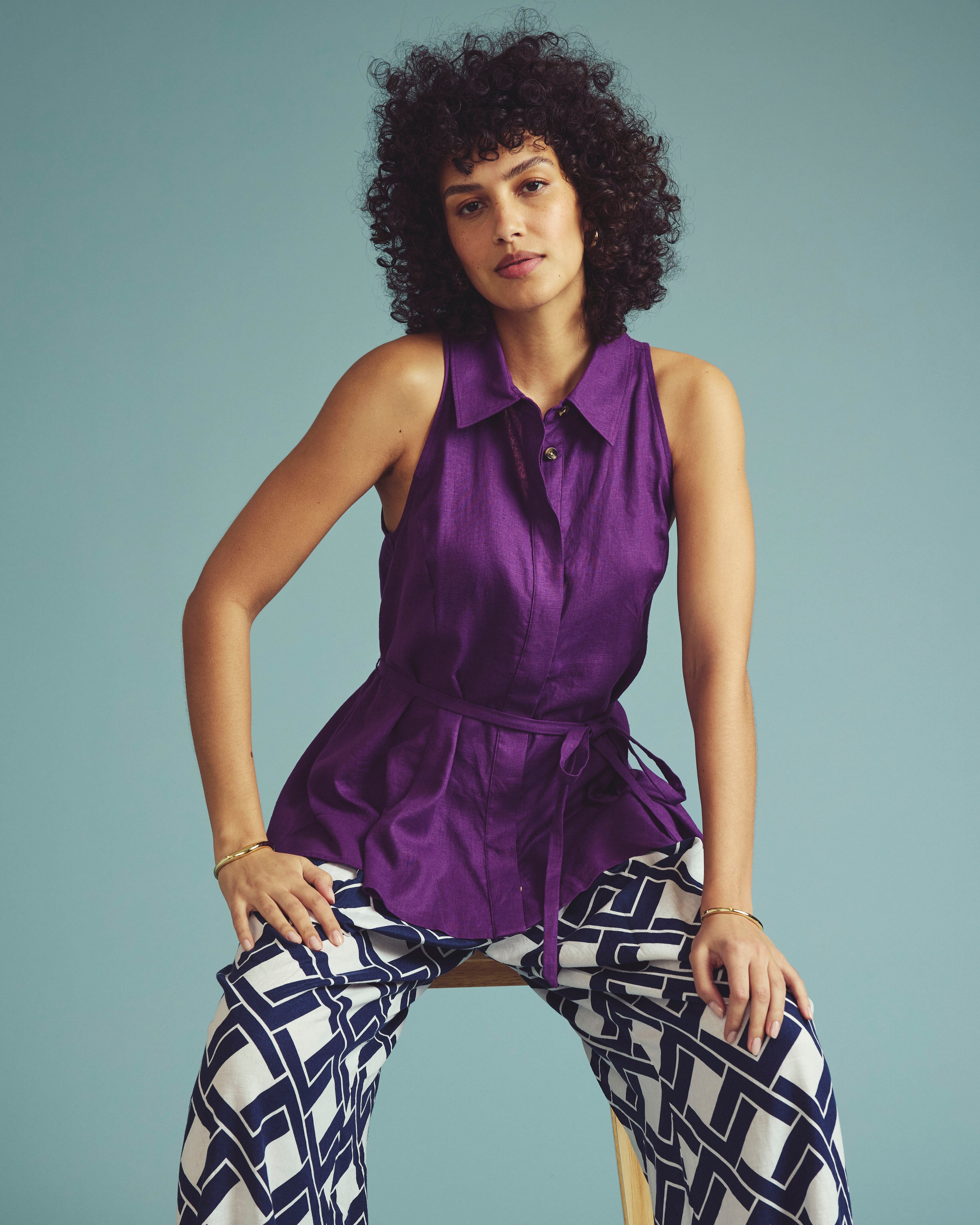 Adelaide Sleeveless Linen Blend Shirt - Dreamy Purple