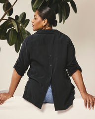 Button Back Stretch Cupro Polo Shirt - Black
