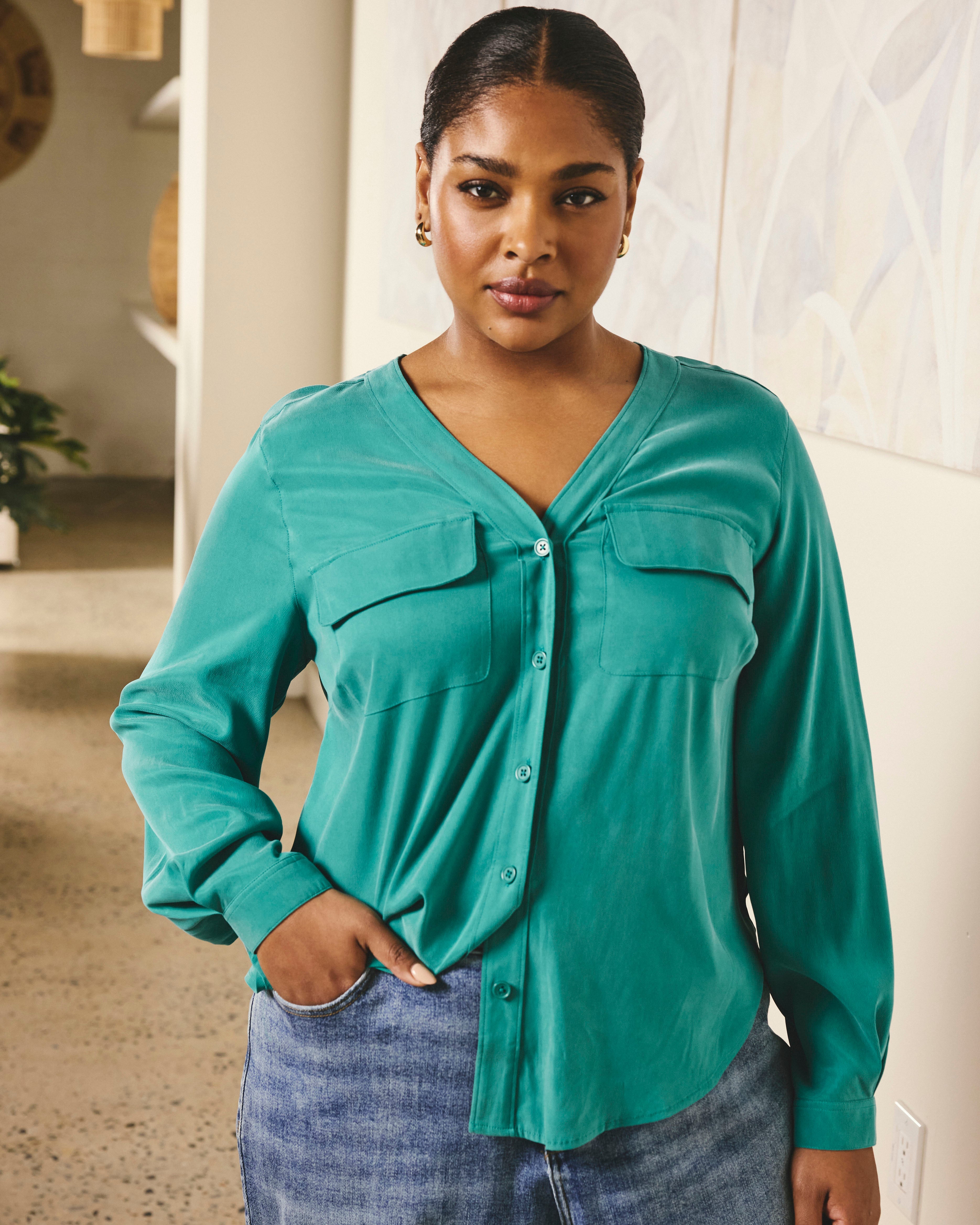 Cooling Stretch Cupro Button-Down Blouse - Green Tourmaline