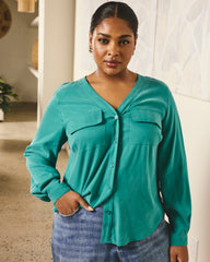 Cooling Stretch Cupro Button-Down Blouse - Green Tourmaline