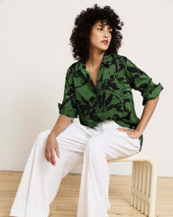 Button Back Stretch Cupro Polo Shirt - Green Sgraffito Print
