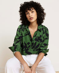 Button Back Stretch Cupro Polo Shirt - Green Sgraffito Print