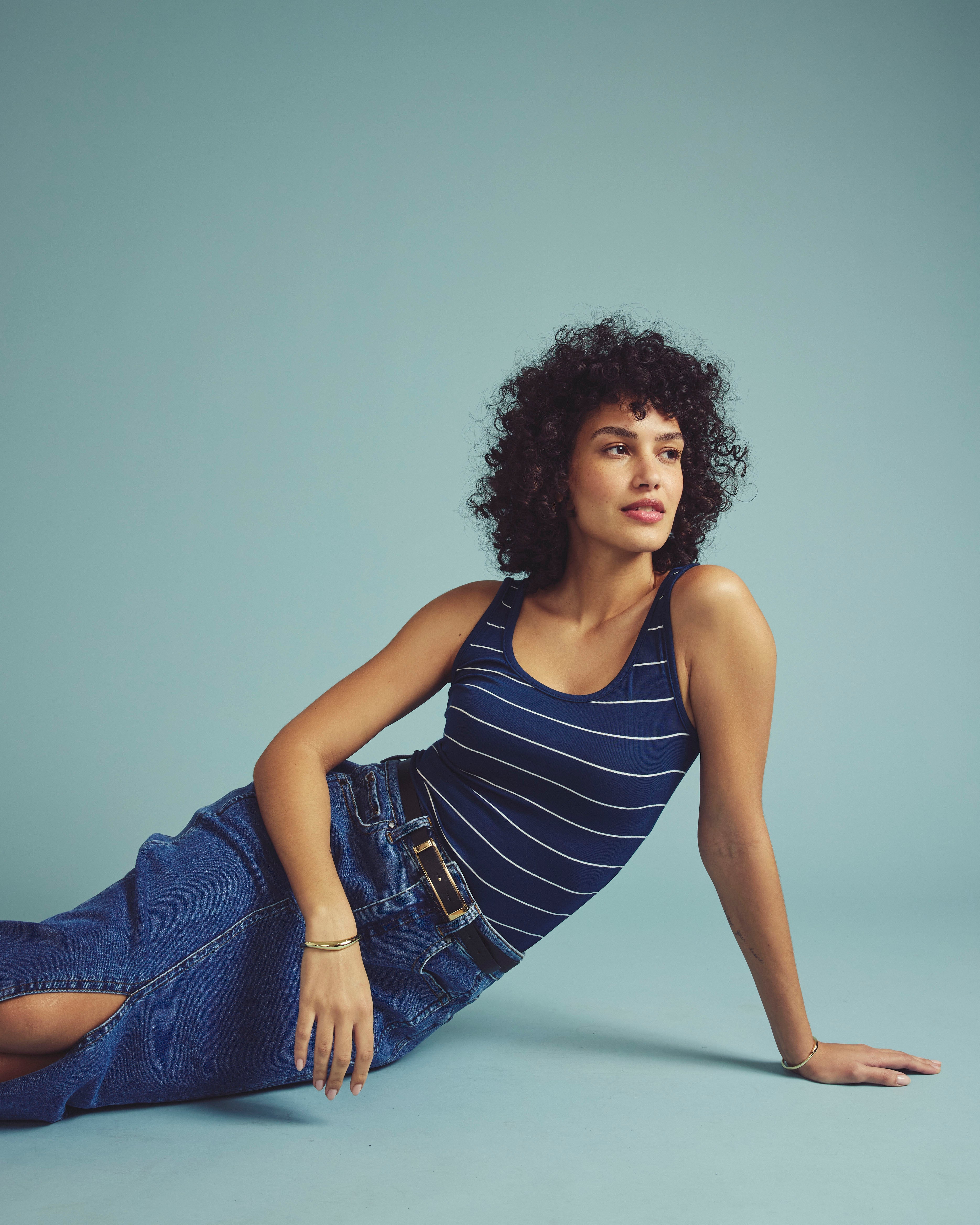 Cloud Rib Tank - Teal/White Microstripe