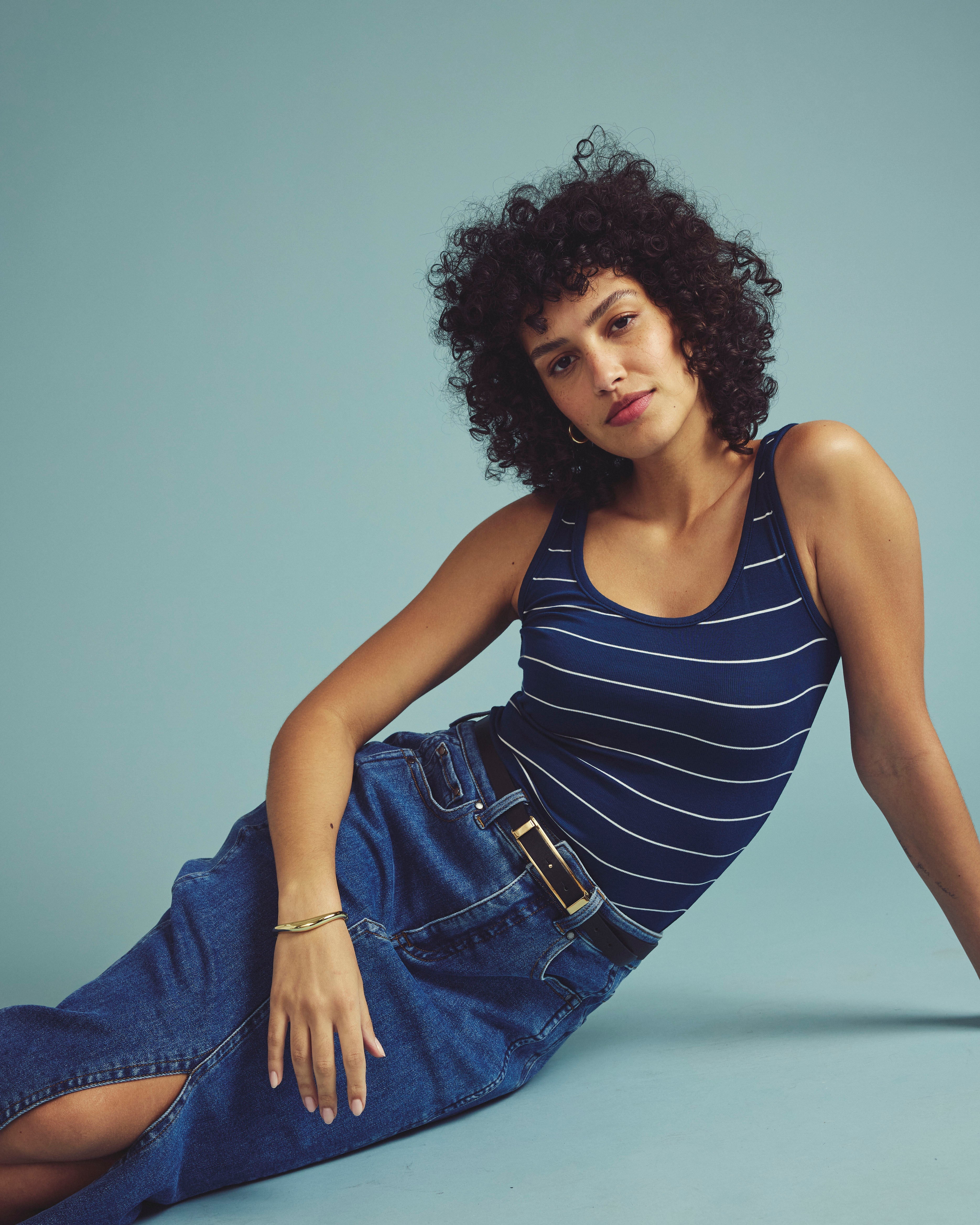 Cloud Rib Tank - Teal/White Microstripe