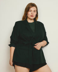 Belted Double Breasted Linen Blend Blazer - Forest Green