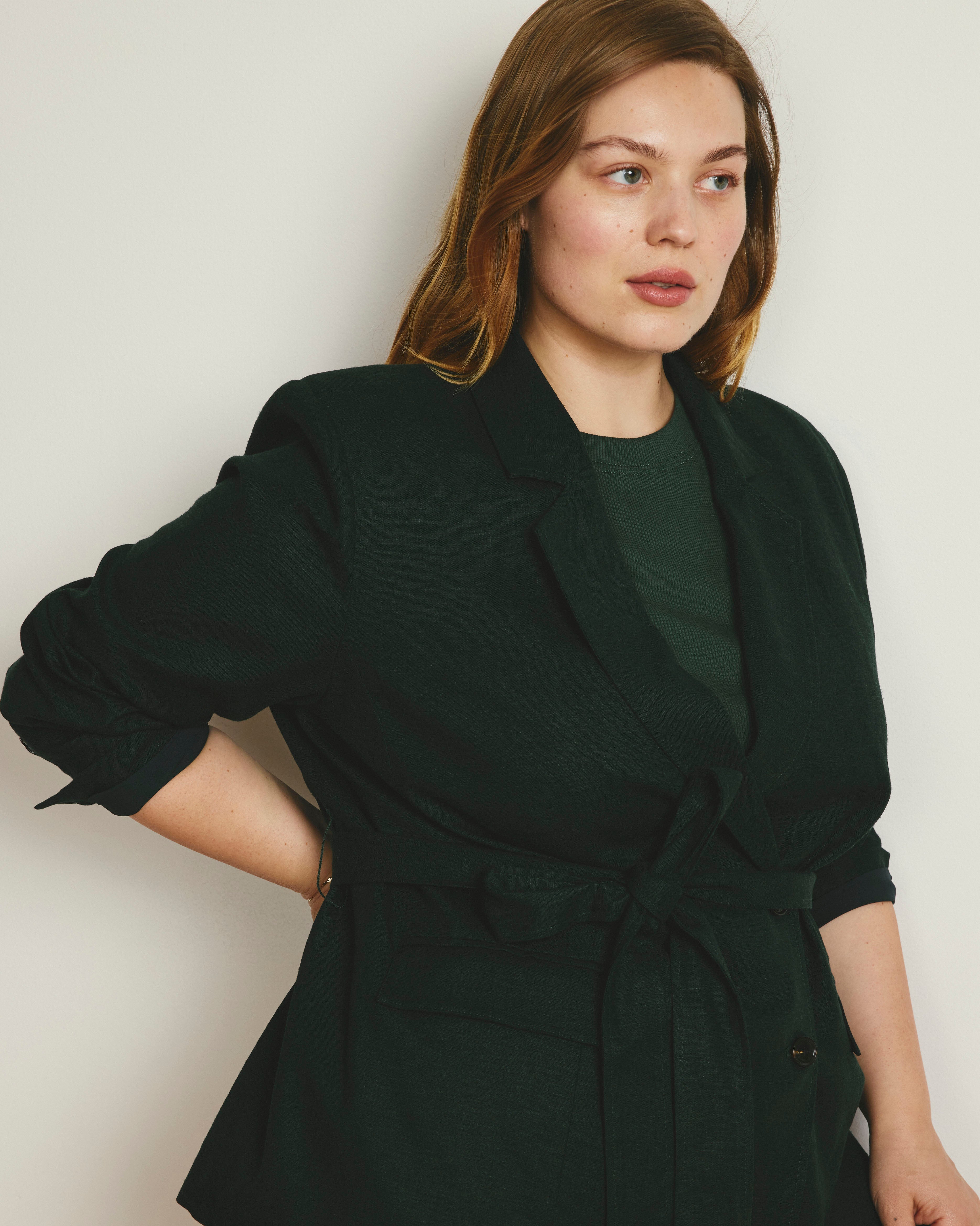 Belted Double Breasted Linen Blend Blazer - Forest Green
