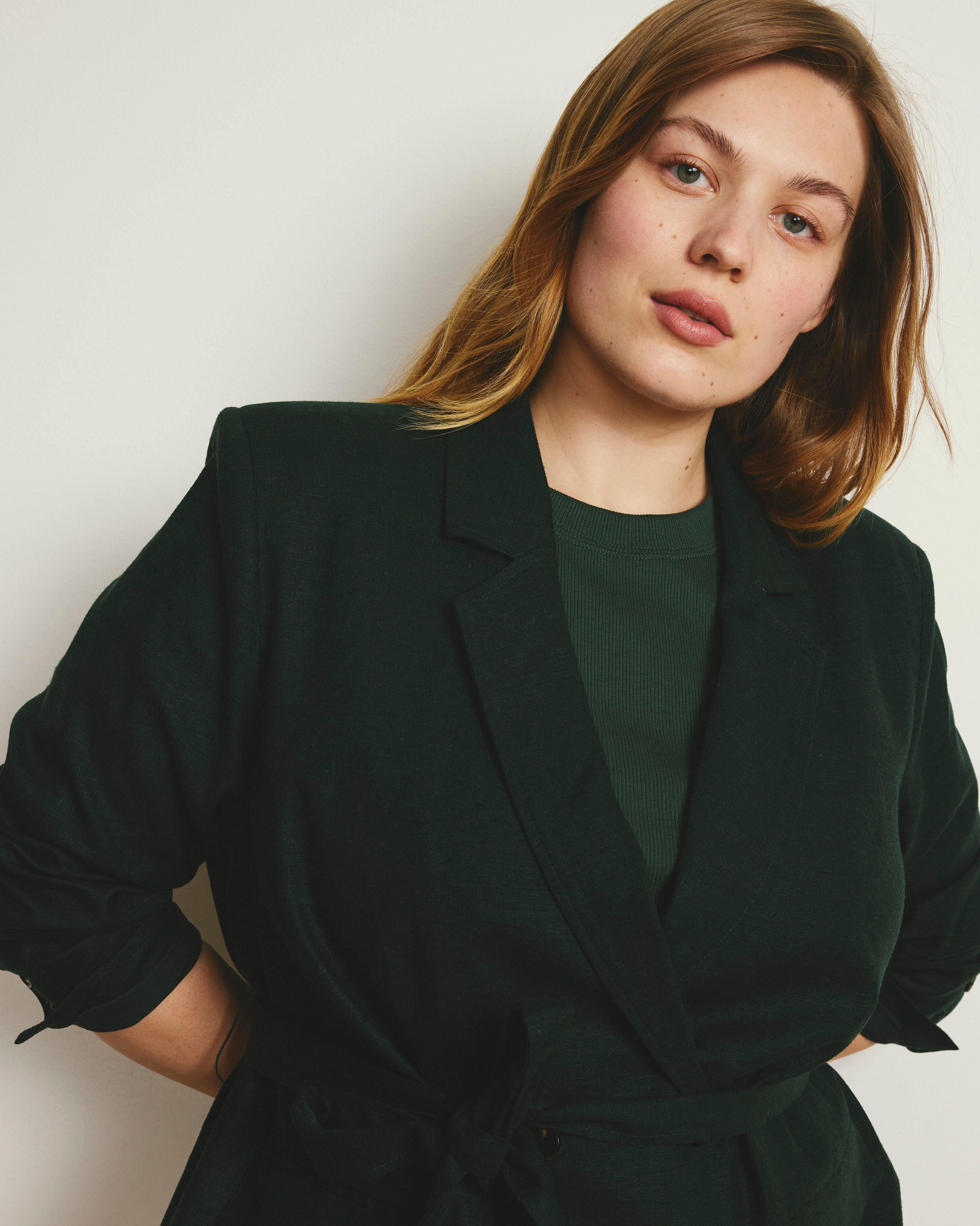 Belted Double Breasted Linen Blend Blazer - Forest Green