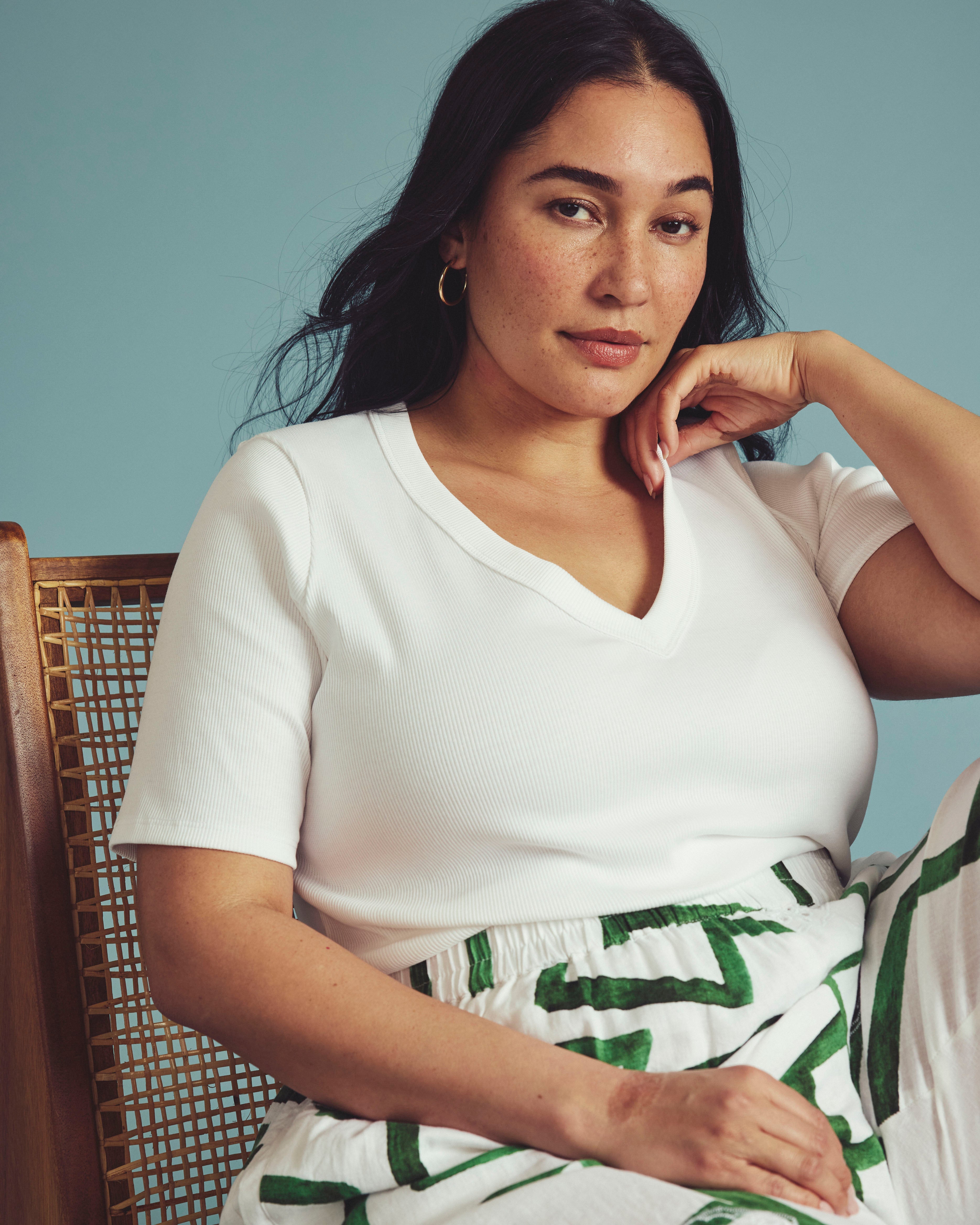 Classic V-Neck Ribbed Tee - White