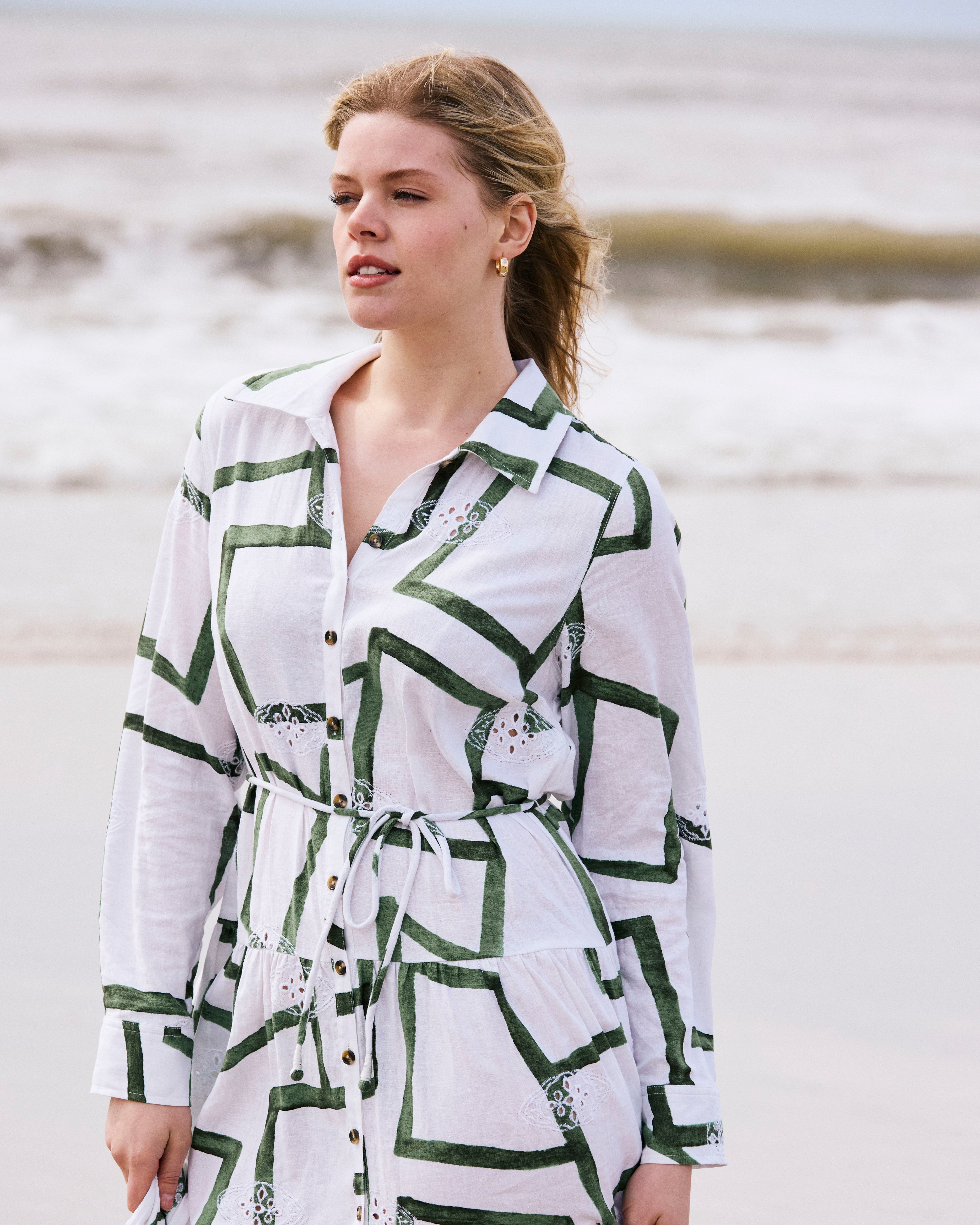 Alix Linen Blend Shirtdress - Green Paint Print