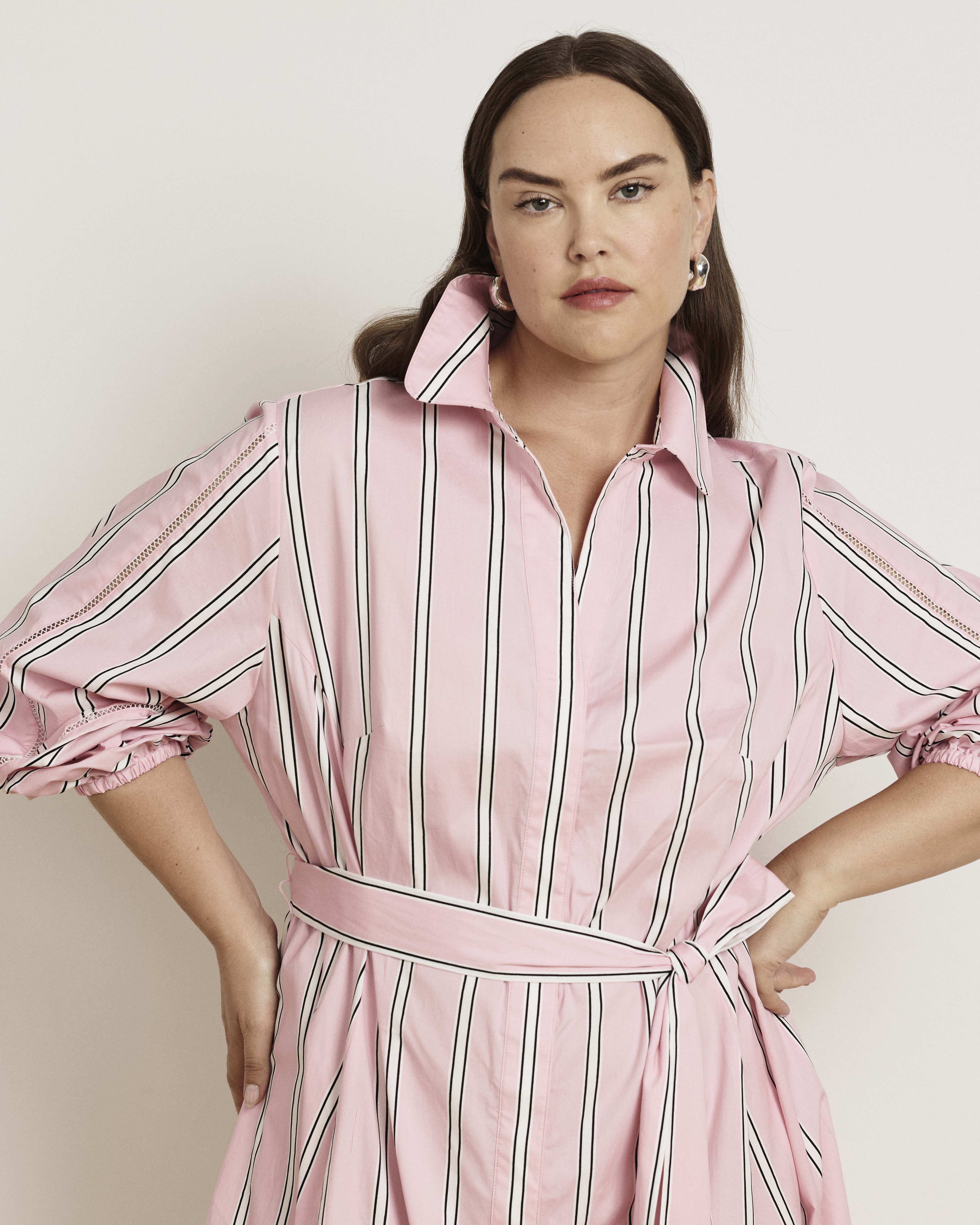 Claire Stretch Poplin Shirtdress - Pink Horizon Stripe