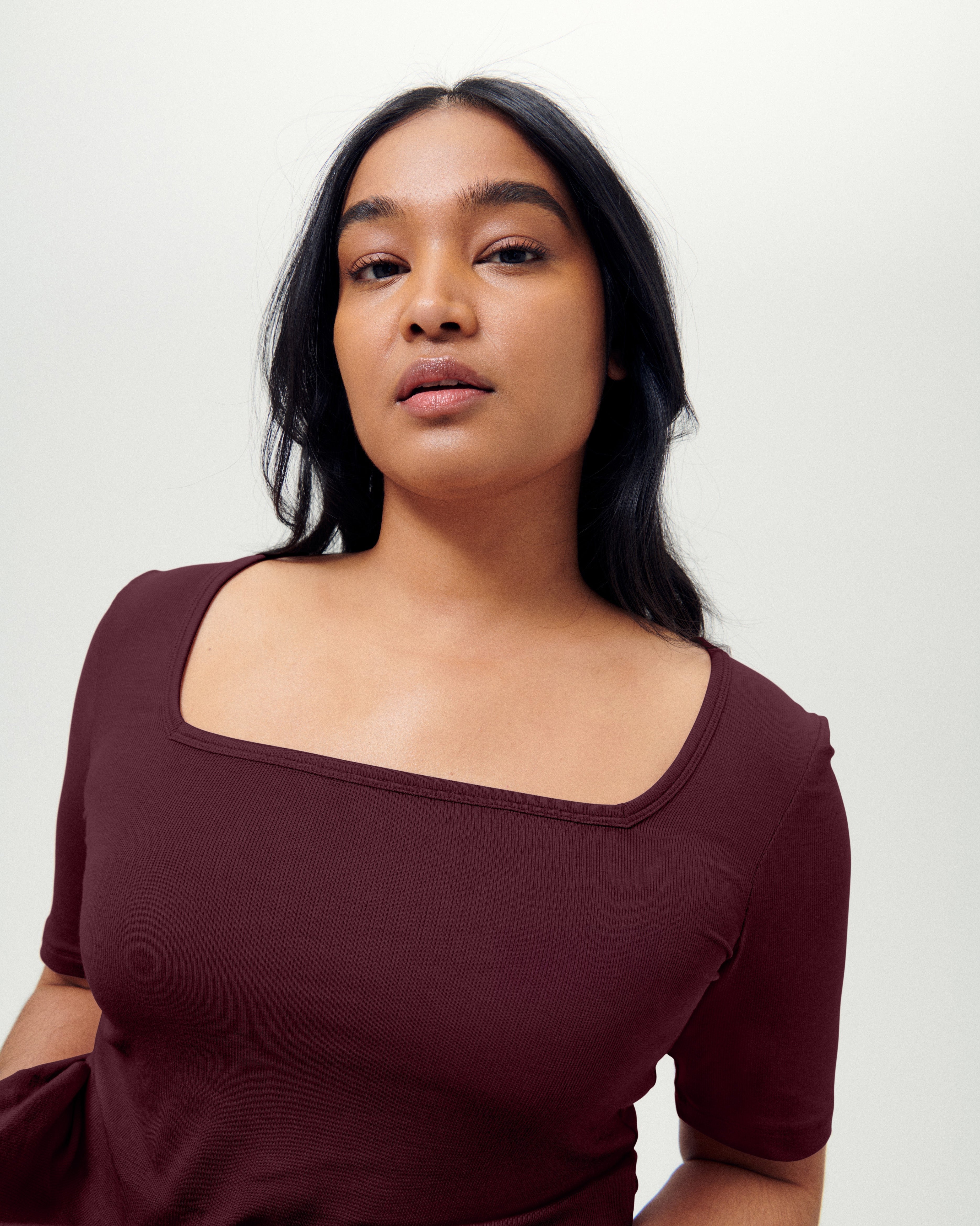 Cloud Rib Short Sleeve Square Neck Tee - Black Cherry