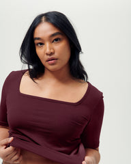 Cloud Rib Short Sleeve Square Neck Tee - Black Cherry