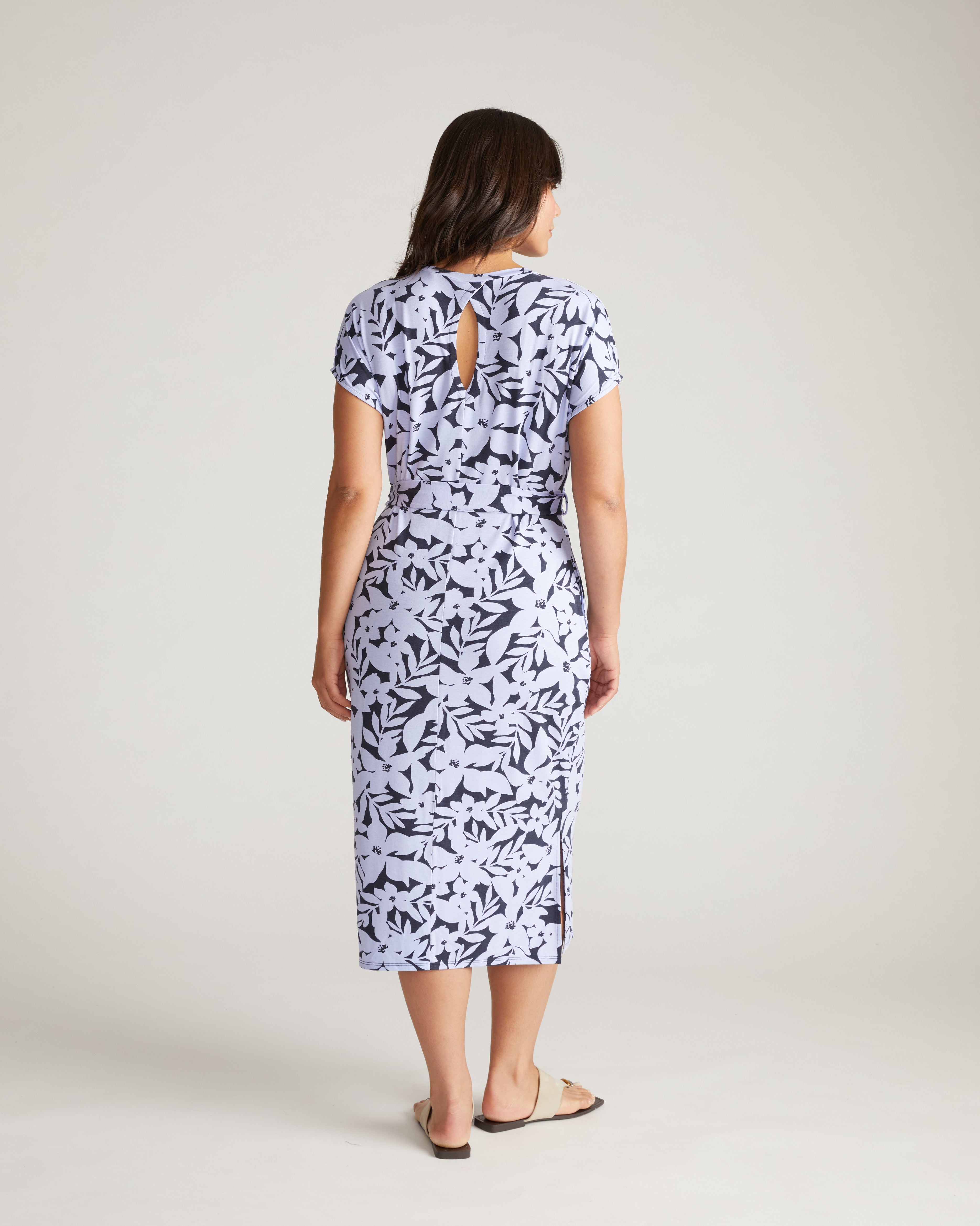 Belted Divine Jersey Dress - Petal Palette Print in Jacaranda
