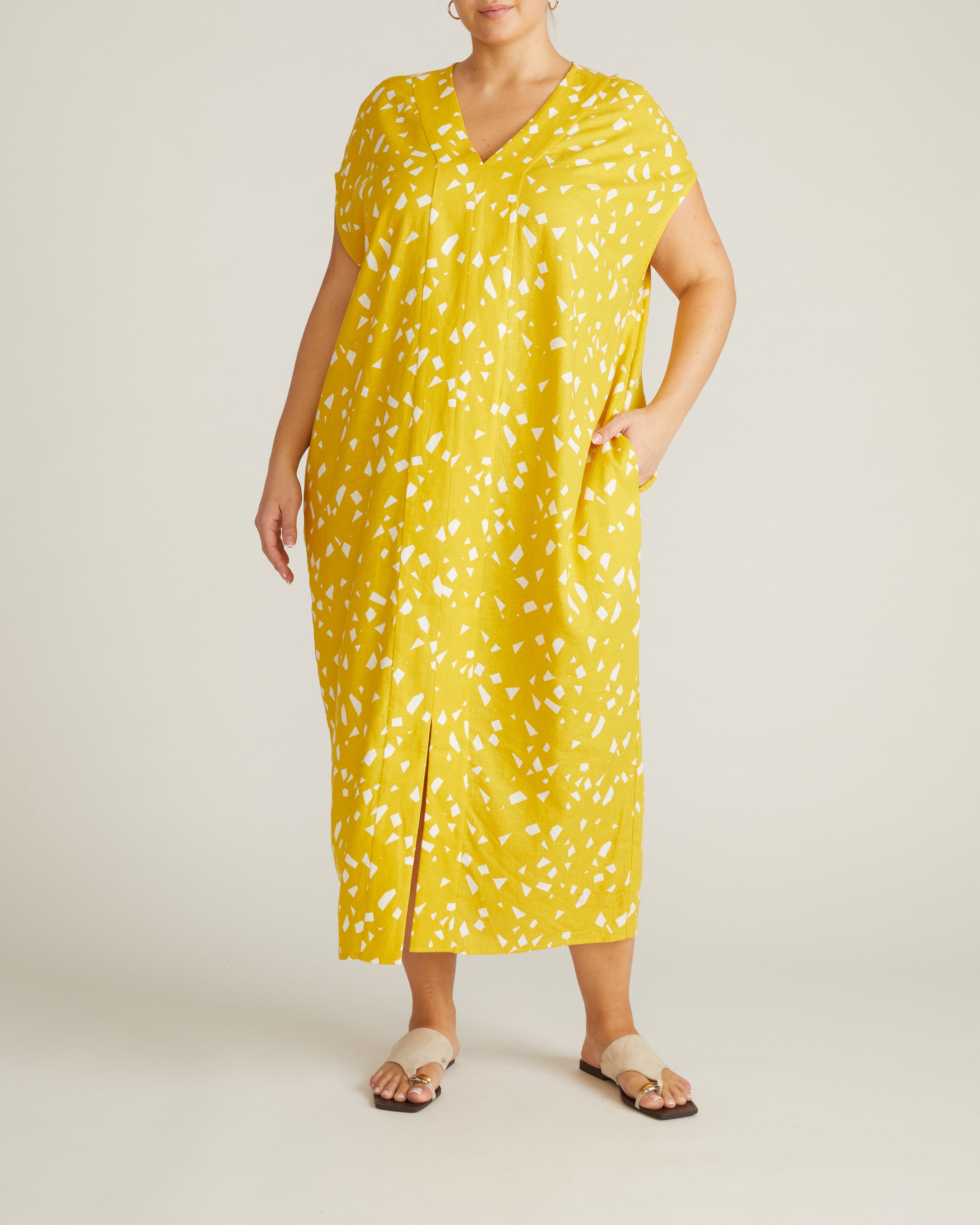 Cabana Linen Blend Kaftan - Yellow Confetti Print