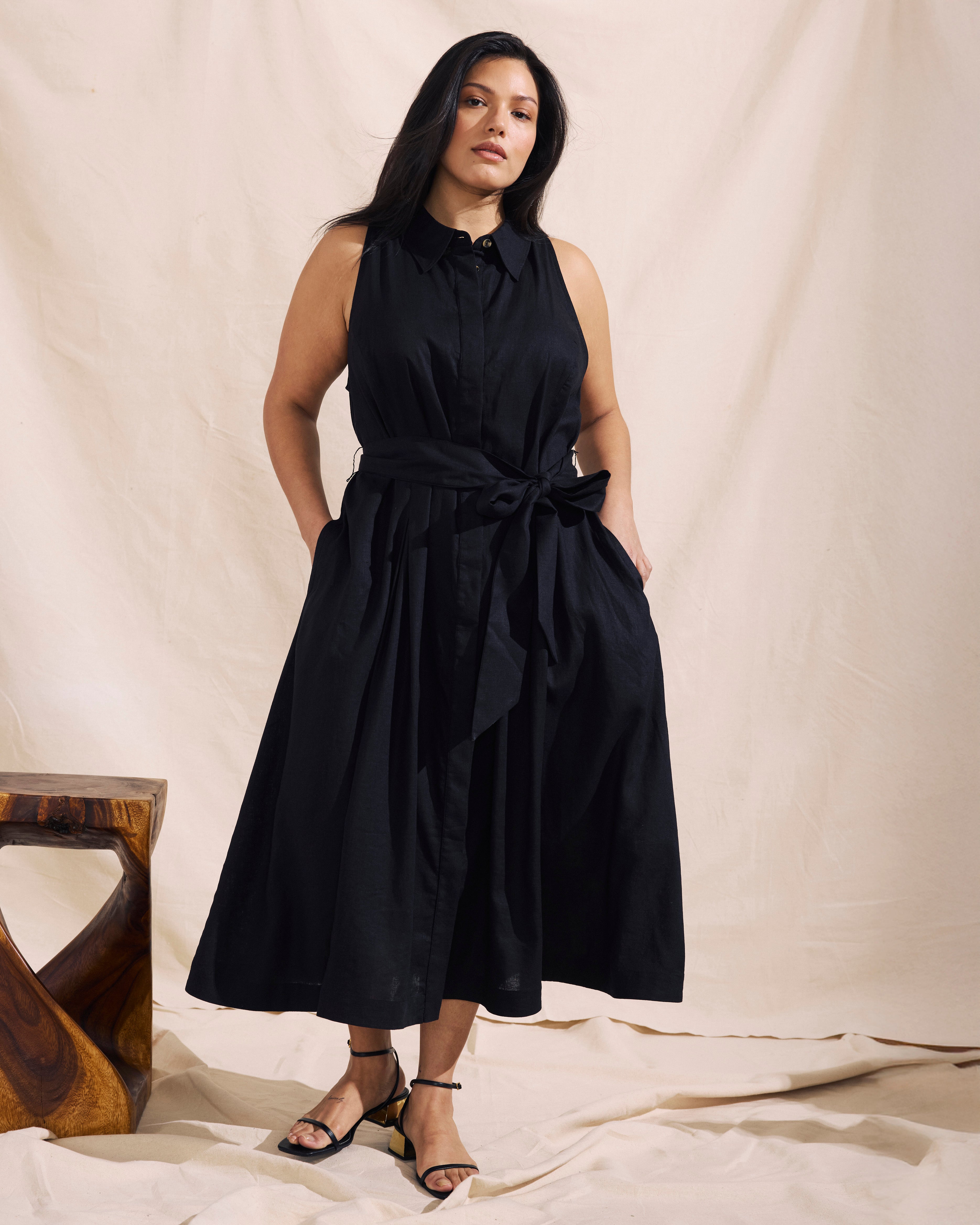 Adelaide Linen Blend Shirtdress - Black