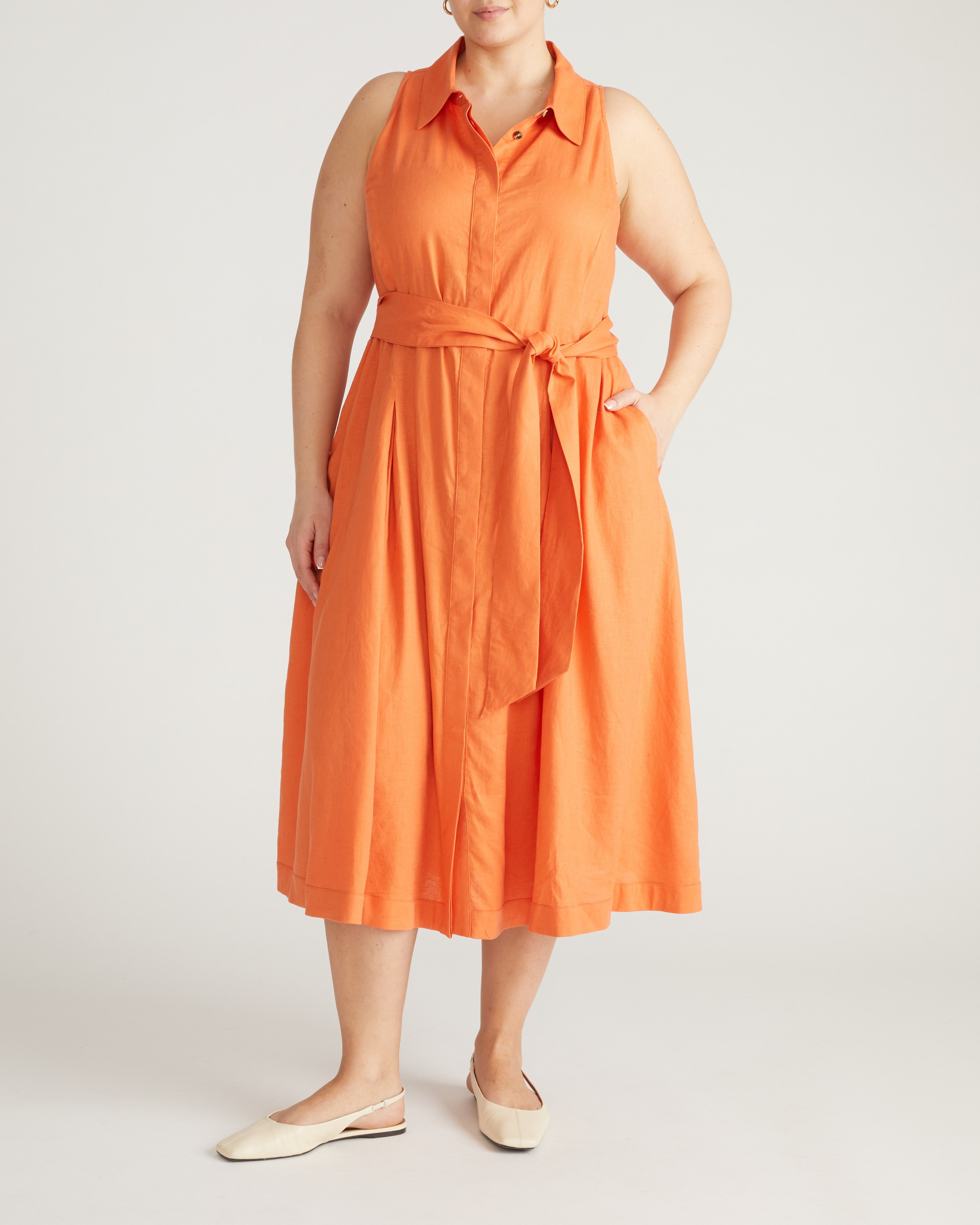 Adelaide Linen Blend Shirtdress - Italian Orange